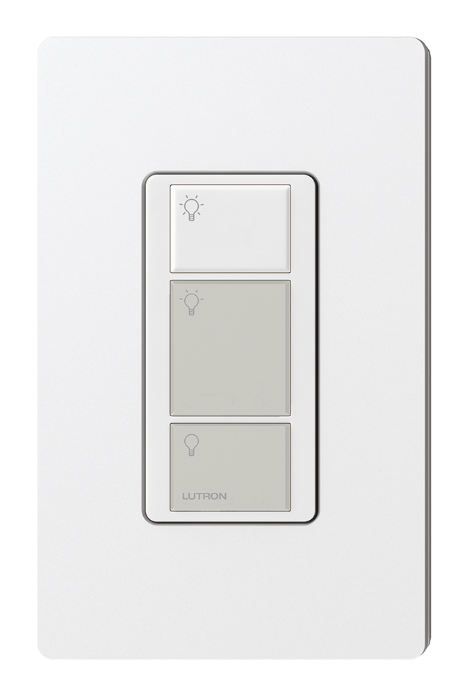 3-button Pico wired control, works with compatible Lutron systems to control a light or group of lights, white/gray