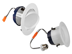 600lm 2700K 4in LED recessed downlight kit replacing up to 50W halogen. Medium base socket adaptor included. Integrated white trim and white reflector. Up to 30 deg tilt Gimbal feature.