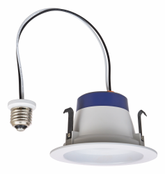 550lm 4000K LED recessed downlight kit replacing up to 50W incandescent BR30 suitable for 4 inch cans. Medium base socket adaptor included. Integrated white trim.