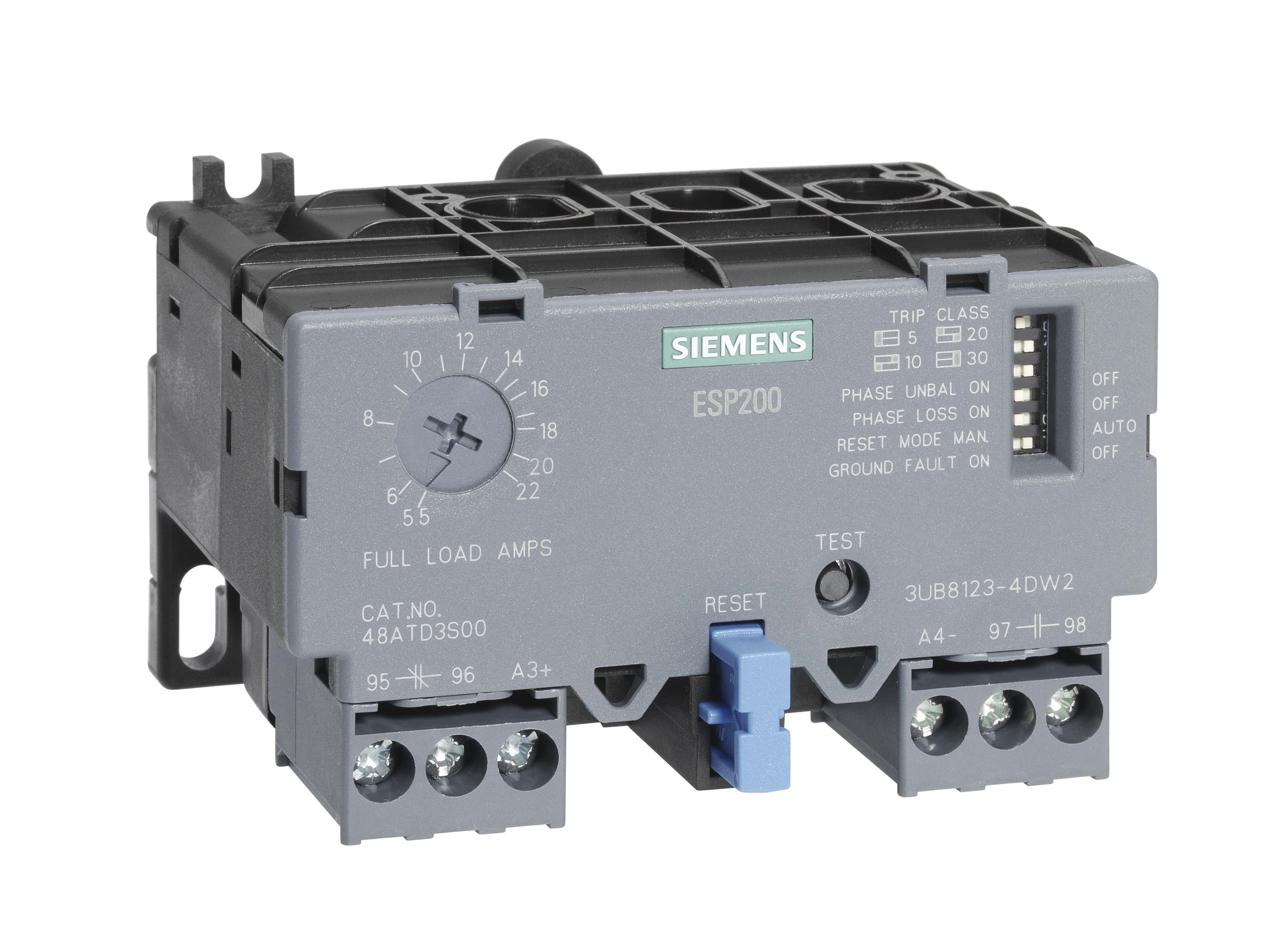 Esp200 catalog no 48atd3s00 solid state overload relay for motor protection 5.5to 22 a size a1, 3 phase class 5...30, switchable direct mounting and stand-alone main circuit windows auxiliary circuit scrw terminal manual automatic reset