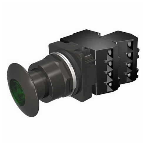 30mm blackmax, epoxy coated corrosion resistant complete metal unit illuminatedpush-pull operator transformer type, 120V AC incandescent lamp mushroom head cap small 1 3/4 (44.5 mm) metal, black with green lens 3 position momentary 1 n.c.+1 n.c. e