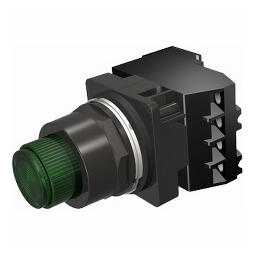 30mm blackmax, epoxy coated corrosion resistant complete metal unit ptt / illuminated pushbutton transformer type, 120V AC incandescent lamp extended button plastic lens, green 2 position momentary with 1 n.o. - 1 n.c. heavy duty contacts,a600/p600