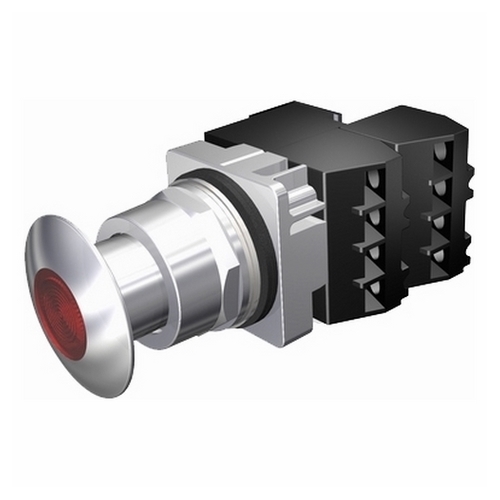 30mm command/52, chrome finish heavy duty,watertight/oiltight complete metal unit illuminated push-pull operator transformer type, 120V AC incandescent lamp mushroom head cap small 1 3/4 (44.5 mm) metal, chrome with red lens 3 position momentary 1