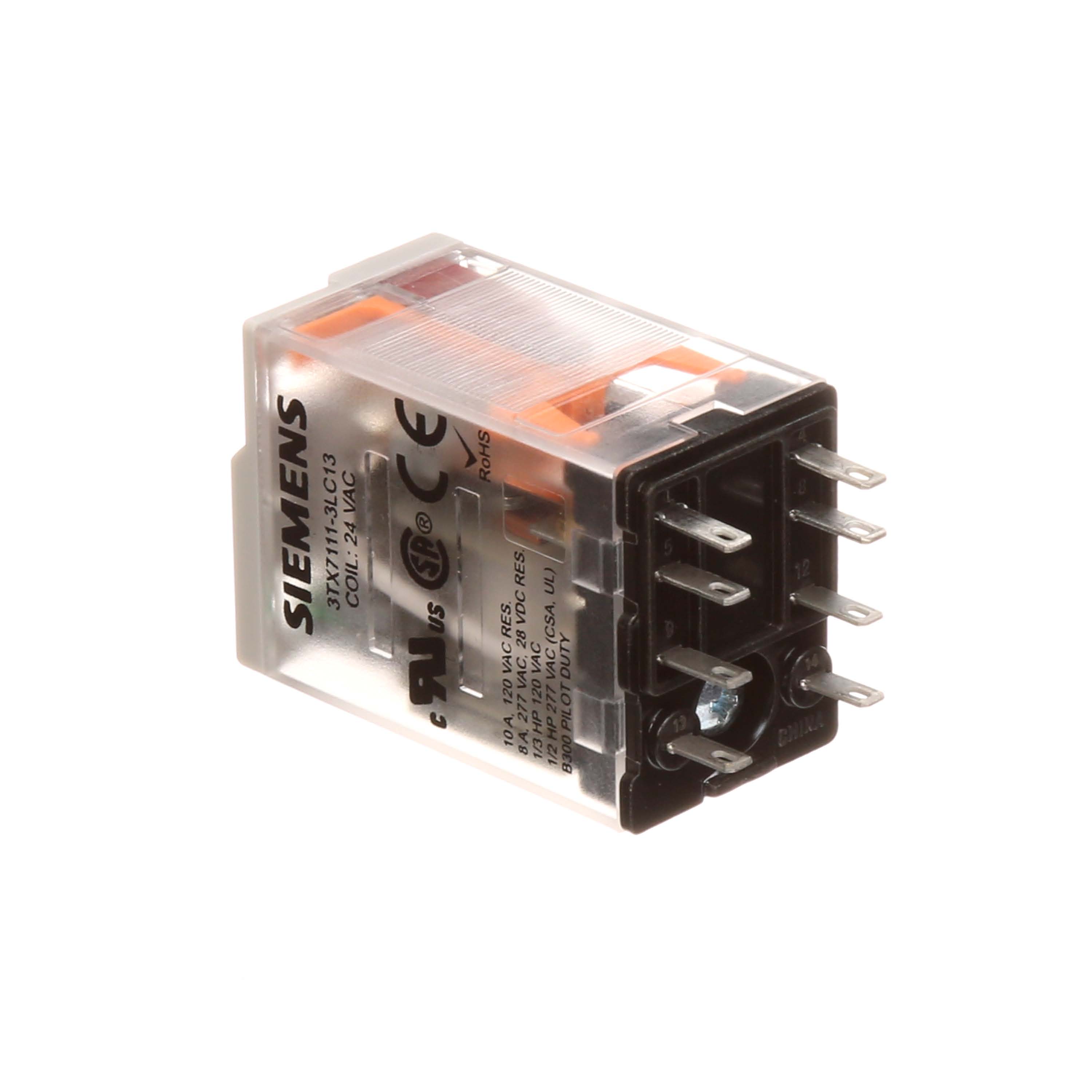 Plug-in Relay, Premium LED, Mechanical Flag 8-pin Square Base DPDT, 12A, 24VAC Uses Socket 3TX7144-1E5 or 3TX7144-4E5