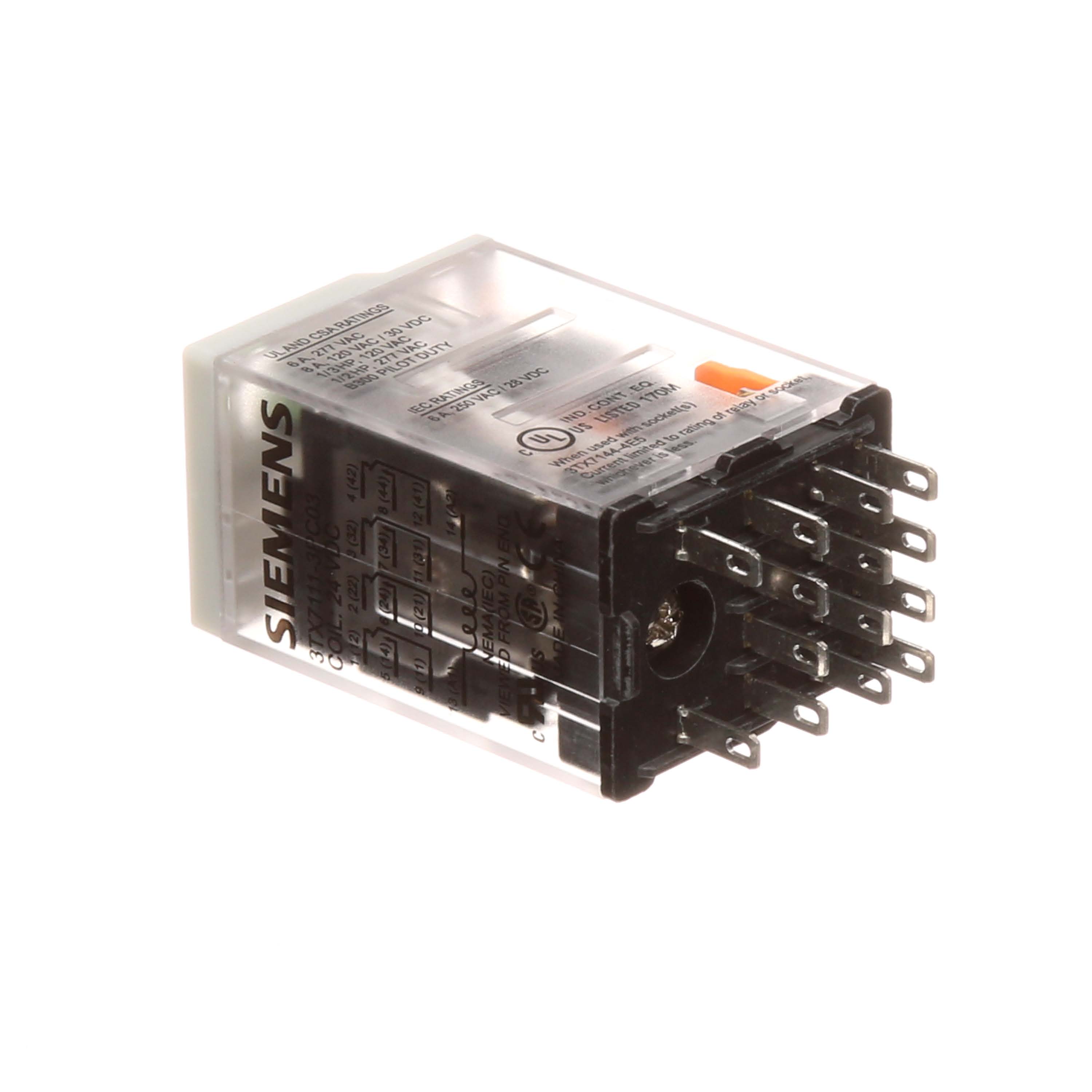Plug-in Relay, Premium LED, Mechanical Flag 14-pin Square Base 4PDT, 6A, 24VDC Uses Socket 3TX7144-1E5 or 3TX7144-4E5