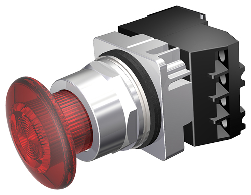 30mm command/52, chrome finish heavy duty,watertight/oiltight complete metal unit illuminated push-pull operator transformer type, 120V AC incandescent lamp mushroom head cap small 1 3/4 (44.5 mm) plastic, red 2 position maintained, pull-to-release