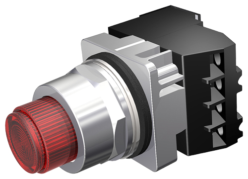 30mm command/52, chrome finish heavy duty,watertight/oiltight complete metal unit ptt / illuminated pushbutton full voltage, 24V AC/DC incandescent lamp extended button plastic lens, red 2 position momentary with 1 n.o. - 1 n.c. heavy dutycontacts,