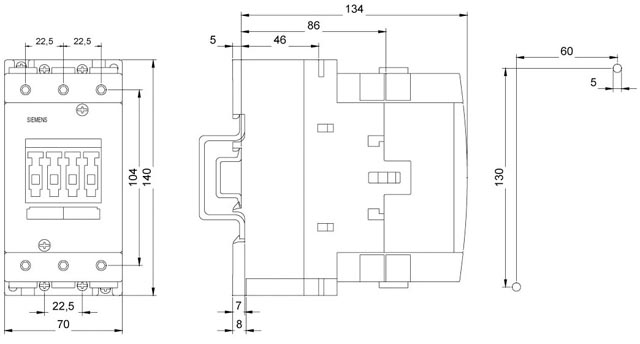 Power contactor. AC-3 65 A. 30 kW / 400 V 110 V AC. 50 Hz / 120 V. 60 Hz 3-pole. Size S3. Screw terminal !!! Phased-out product !!! Successor is SIRIUS 3RT2 Preferred successor type is 3RT2037-1AK60 ( ) ( )