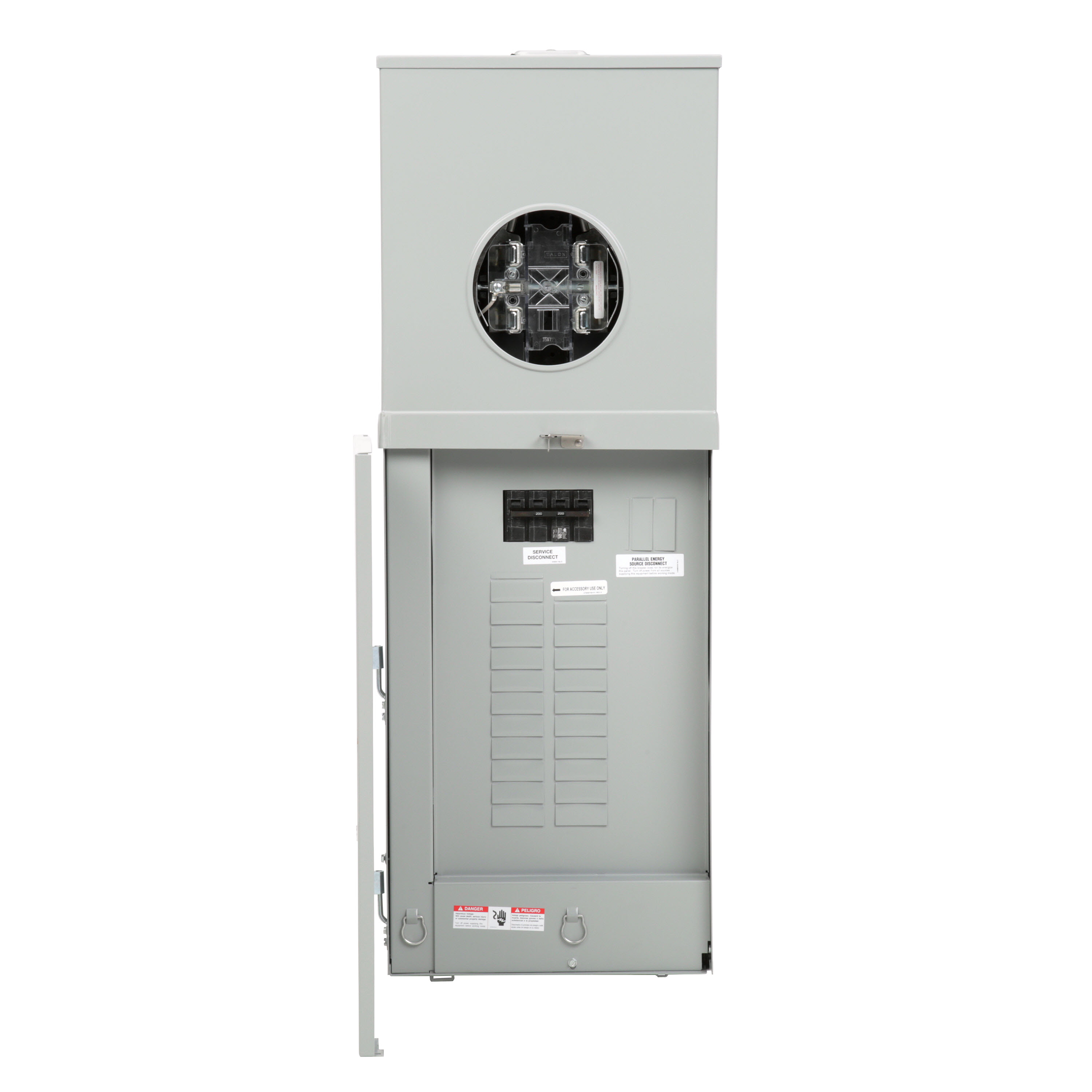 SIEMENS LOW VOLTAGE METER LOAD CENTER COMBINATION. PHOTOVOLTAIC (SOLAR) LOAD CENTER 20 (1 INCH) SPACES INTERIOR ALLOWING MAX 40 CIRCUITS. 5-JAW METER / 1-PHASESYSTEM RATED 200A. SPECIAL FEATURES OH/UG FEED, RING TYPE COVER, LEVER BYPASS SOCKET