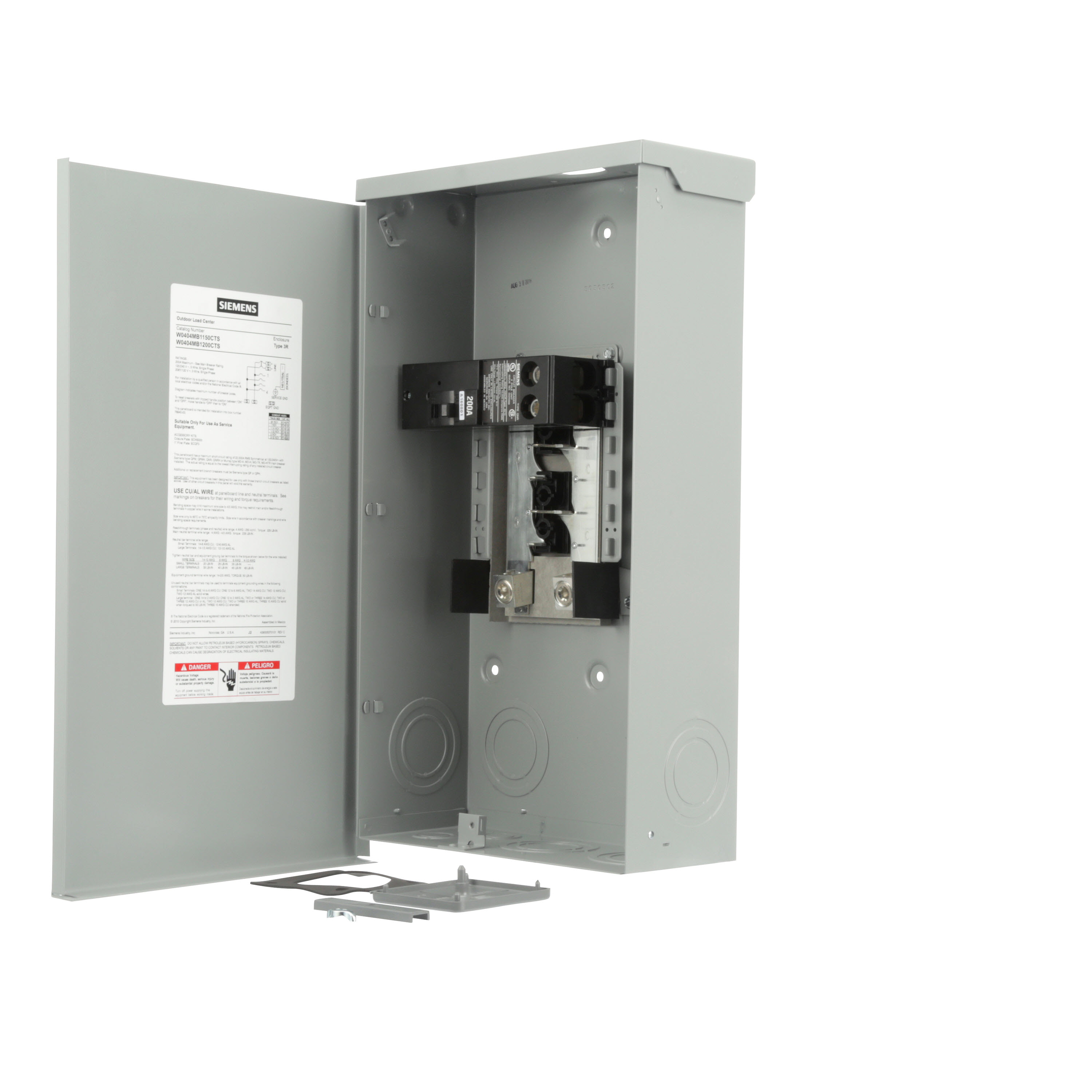Siemens Low Voltage Residential Specialty Load Centers Trailer Panels. Type Main Breaker Features quick interior removal, one piece bus bar, Positive load sidecircuit breaker hook rails, Use HS type hub Bus Bar Type Cu Includes Appn Severe Environment, Service Entrance Equipment up to six main disconnecting means. Std UL Listed V. Rating 120/240 A. Rating 200 Phase 1 Wiring Conf 3-Wire SN Bus Rating 200 Interrupt Rating 100 Circuit Breaker Type QN2200R No. Of Spaces 4 No. Of Feeders 4 Size (H x W x D) 11-1/8 X 4-3/4 X 20