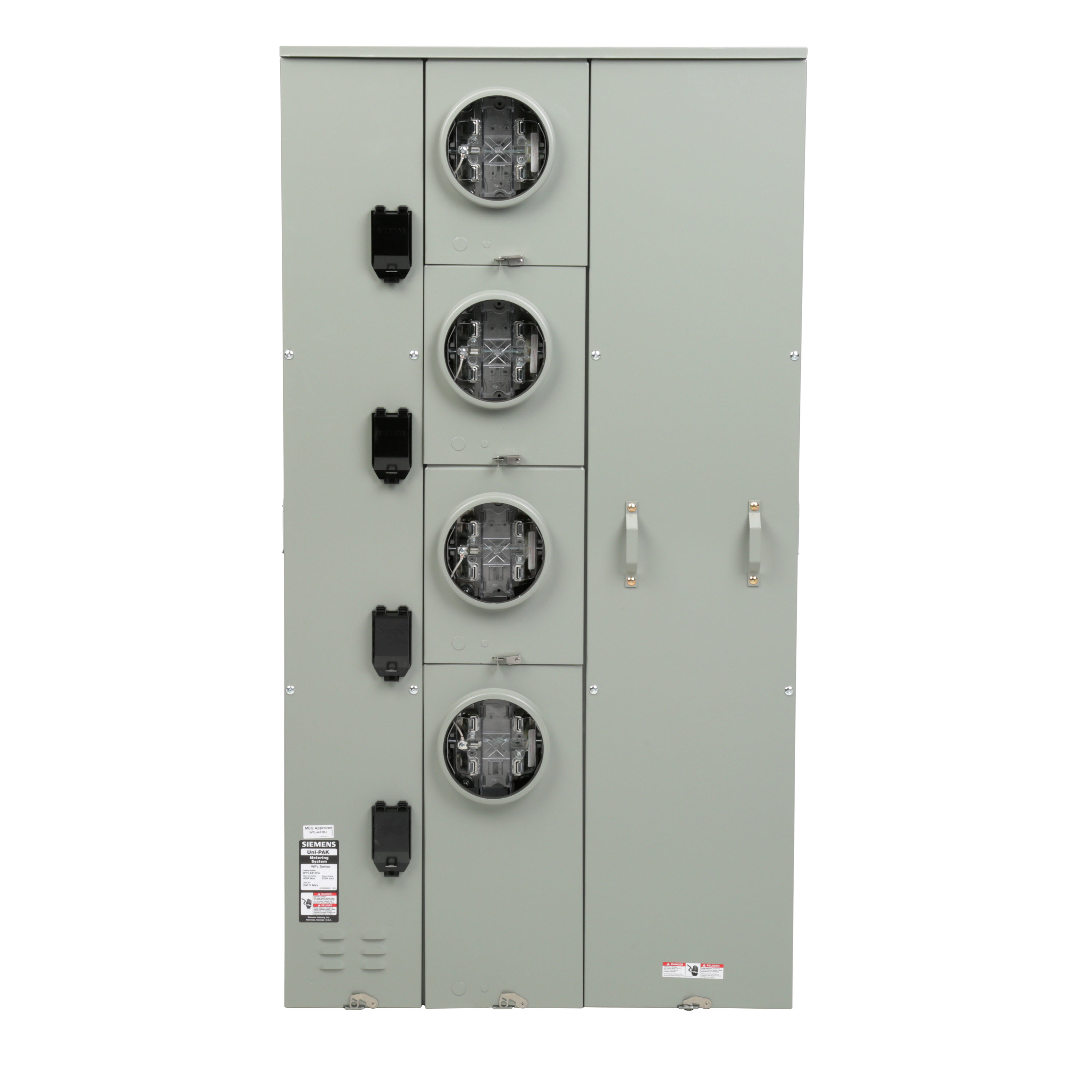 Siemens Low Voltage s Multi-Family Metering Line of PAK Metering Lever Bypass as part of the PAK Metering Lever Bypass Group. Type UNI-PAK Features LEVER BYPASS Appn GARDEN - STYLE Std UL-50,67,414 V. Rating 120/240V A. Rating 400A Phase 1PH Size 10.500x36.380x63.500 No. Of Cutouts 8 Cutout Size 2X(4,3-1/2,3,2-1/2,2 ), 4X(2-1/2,2,1-1/2,1 ), 2X(1,3/4,1/2 ) Cable Entry TOP OR BOTTOM FEED. Insulated. Mounting WALL MOUNTED Enclosure RINGLESS