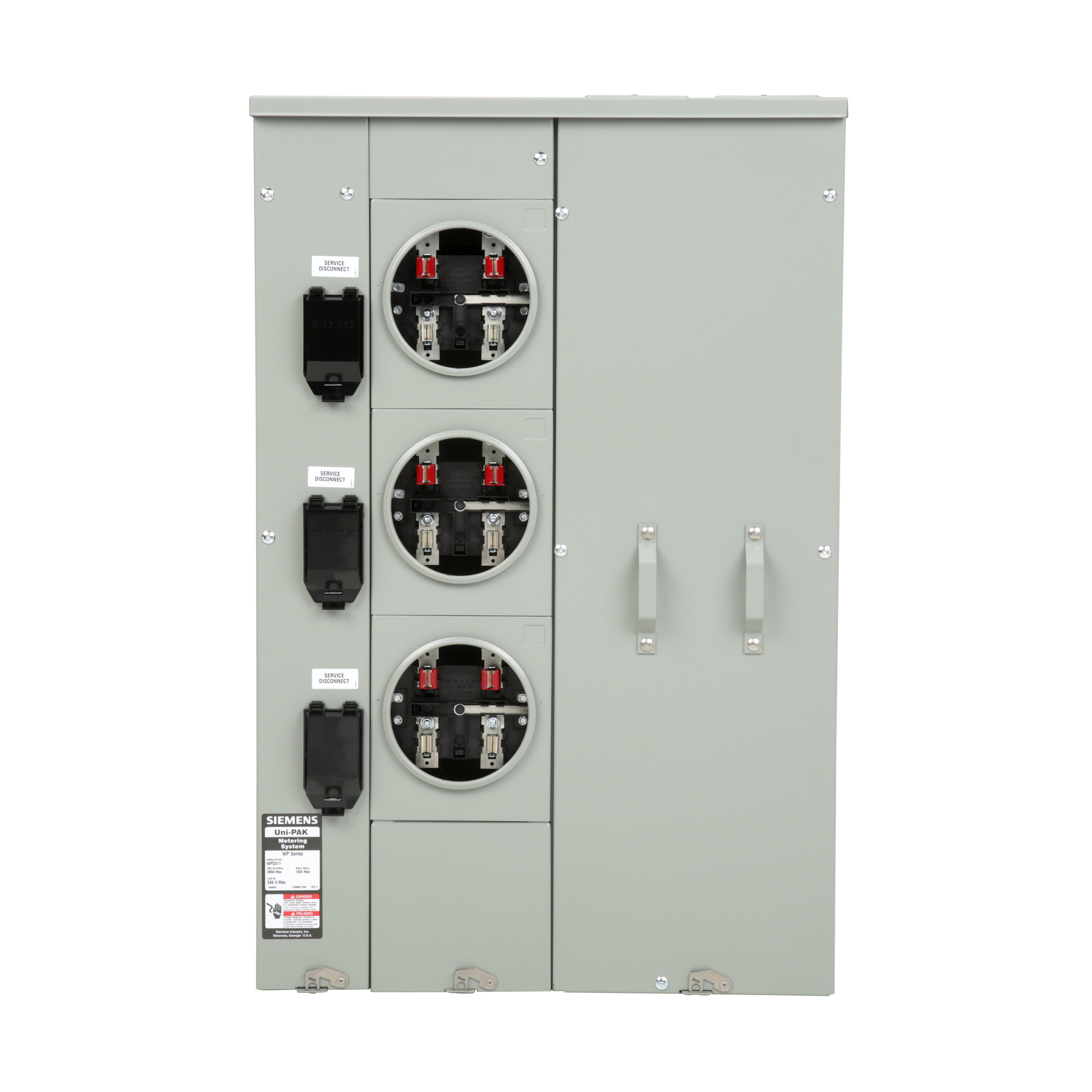 Siemens Low Voltage s Multi-Family Metering Line of PAK Metering Standard 125A as part of the PAK Metering Standard 125A Group. Type UNI-PAK Features NO BYPASSAppn GARDEN - STYLE Std UL-50,67,414 V. Rating 120/240V A. Rating 300A Phase 1PH Size 9.00 x 25.68 x 39.630 No. Of Cutouts 11 Cutout Size 1 x (1/2,3/4,1,1-1/4 ), 6 x (2-1/2,2 ,1-1/2,1-1/4,1 ), 2 x (4,3-1/2,3,2-1/2,2 ), 2X4 Cable Entry TOP OR BOTTOM FEED Terminal 3X2 STUDS. Insulated.Appn . Wall Mounted. Enclosure RING
