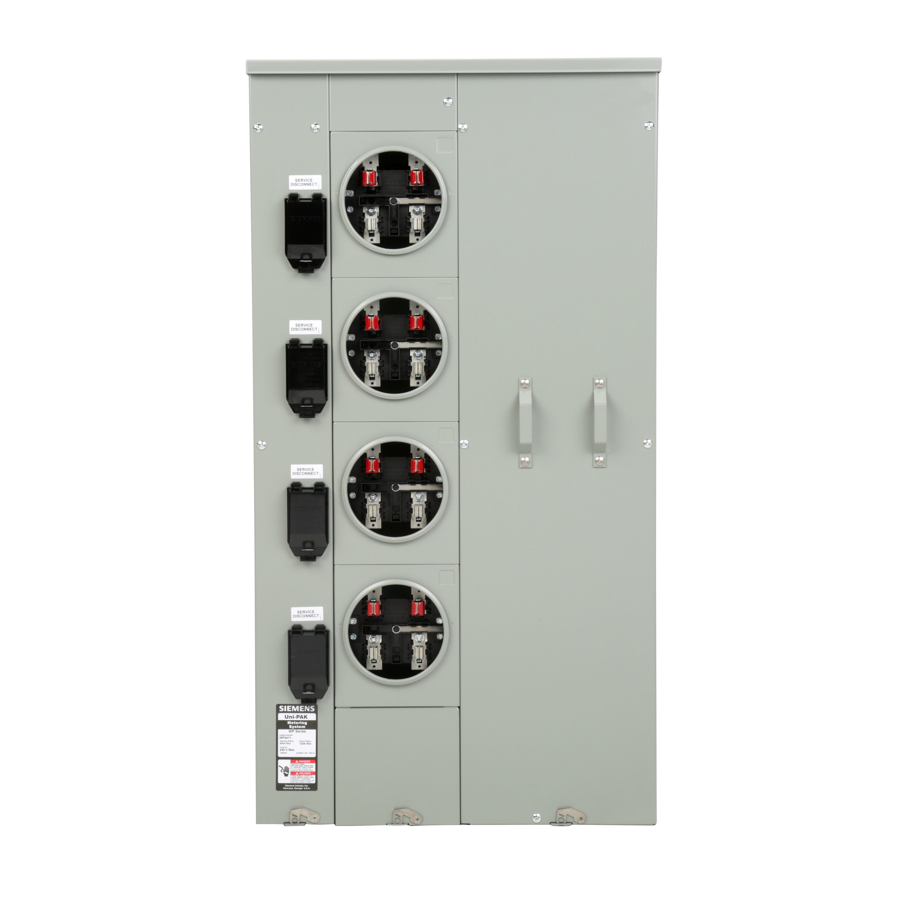 Siemens Low Voltage s Multi-Family Metering Line of PAK Metering Standard 125A as part of the PAK Metering Standard 125A Group. Type UNI-PAK Features NO BYPASSAppn GARDEN - STYLE Std UL-50,67,414 V. Rating 120/240V A. Rating 400A Phase 1PH Size 9.00 x 26.74 x 48.630 No. Of Cutouts 11 Cutout Size 1 x (1/2,3/4,1,1-1/4 ), 6 x (2-1/2,2 ,1-1/2,1-1/4,1 ), 2 x (4,3-1/2,3,2-1/2,2 ), 2X4 Cable Entry TOP OR BOTTOM FEED Terminal 3X2 STUDS. Insulated.Appn . Wall Mounted. Enclosure RING