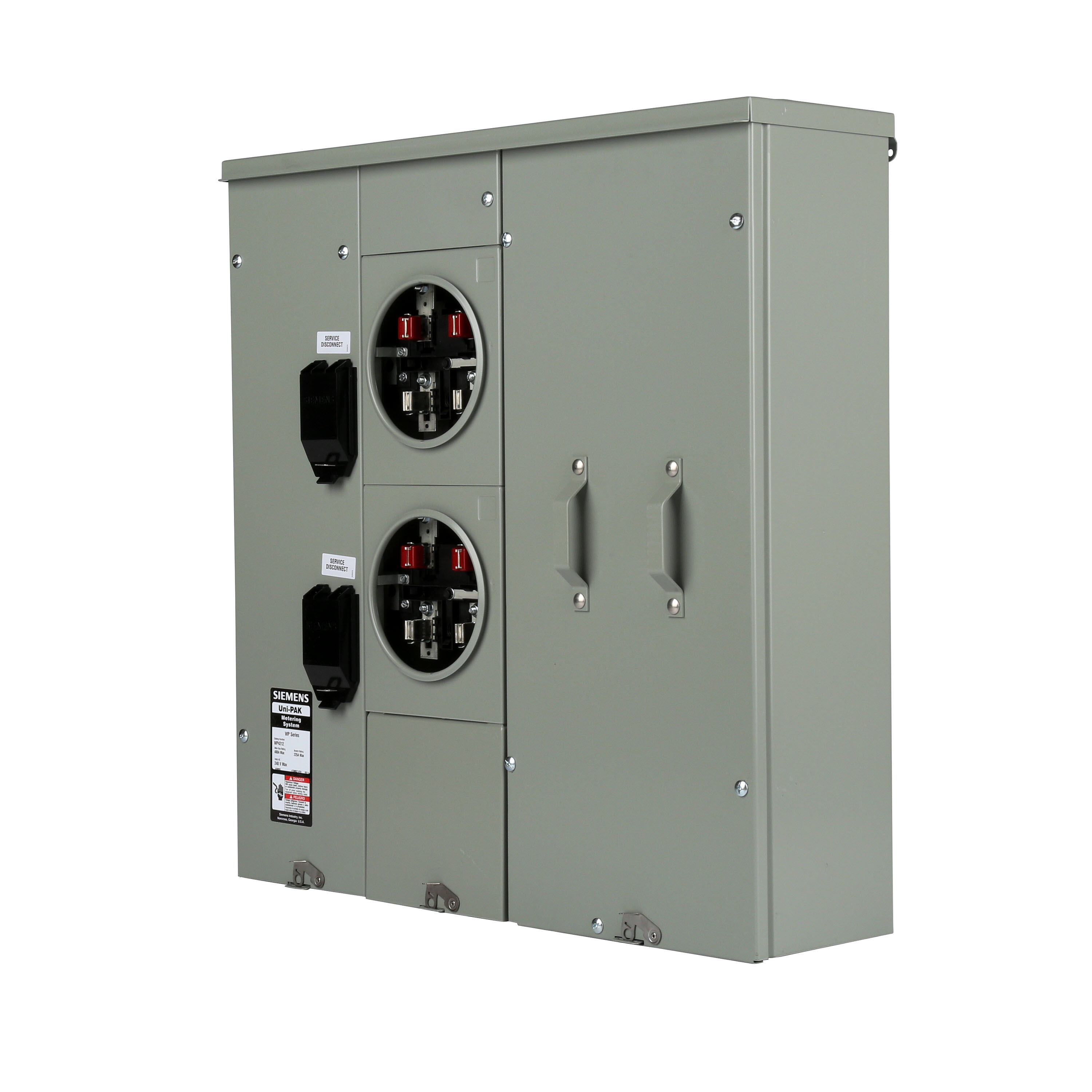 Siemens Low Voltage s Multi-Family Metering Line of PAK Metering Standard 225A as part of the PAK Metering Standard 225A Group. Type UNI-PAK Features NO BYPASSAppn GARDEN - STYLE Std UL-50,67,414 V. Rating 120/240V A. Rating 400A Phase 1PH Size 9.00 x 28.79 x 30.630 No. Of Cutouts 11 Cutout Size 1 x (1/2,3/4,1,1-1/4 ), 6 x (2-1/2,2 ,1-1/2,1-1/4,1 ), 2 x (4,3-1/2,3,2-1/2,2 ), 2X4 Cable Entry TOP OR BOTTOM FEED Terminal 3X2 STUDS. Insulated.Appn . Wall Mounted. Enclosure RING