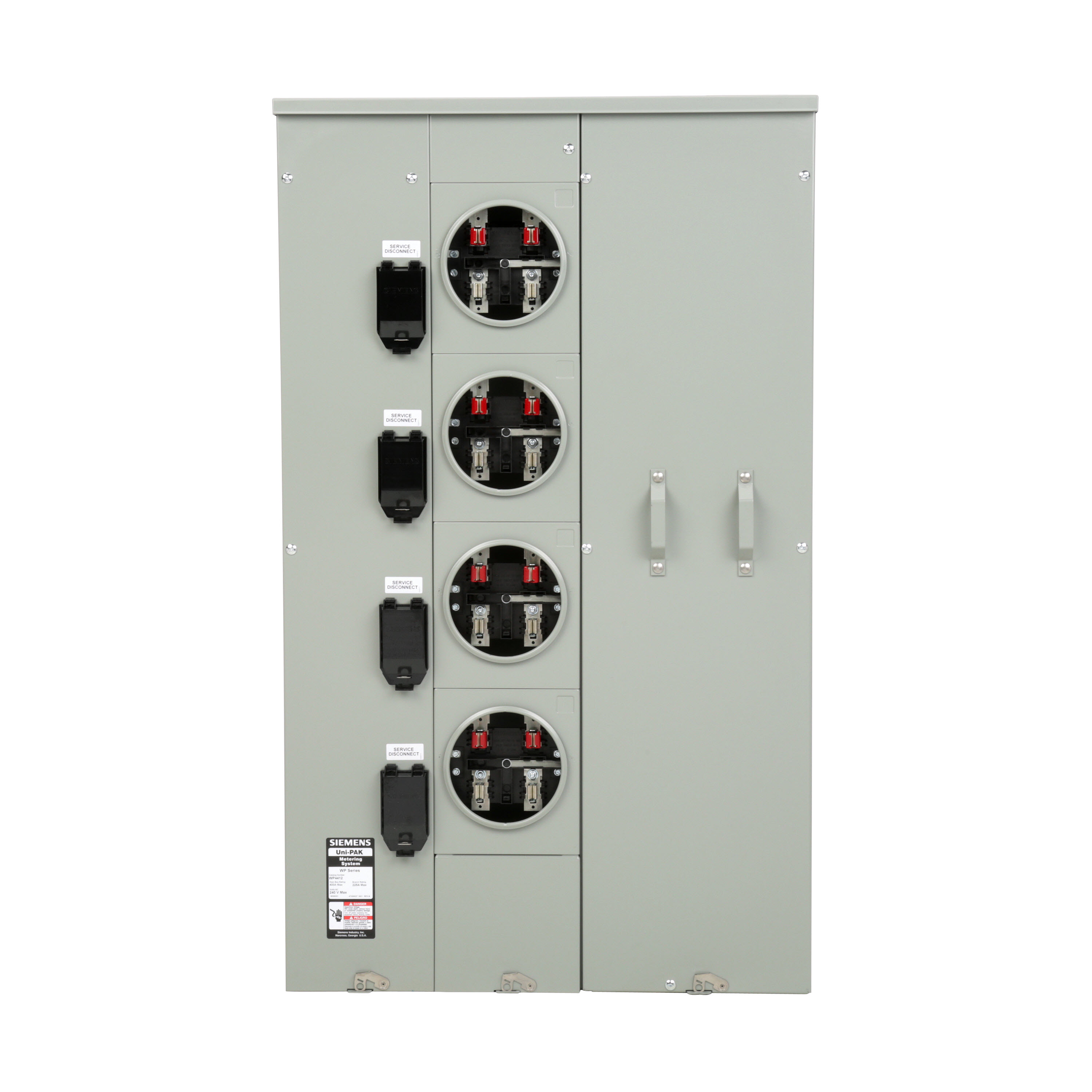 Siemens Low Voltage s Multi-Family Metering Line of PAK Metering Standard 225A as part of the PAK Metering Standard 225A Group. Type UNI-PAK Features NO BYPASSAppn GARDEN - STYLE Std UL-50,67,414 V. Rating 120/240V A. Rating 400A Phase 1PH Size 9.00 x 29.85 x 48.630 No. Of Cutouts 11 Cutout Size 1 x (1/2,3/4,1,1-1/4 ), 6 x (2-1/2,2 ,1-1/2,1-1/4,1 ), 2 x (4,3-1/2,3,2-1/2,2 ), 2X4 Cable Entry TOP OR BOTTOM FEED Terminal 3X2 STUDS. Insulated.Appn . Wall Mounted. Enclosure RING