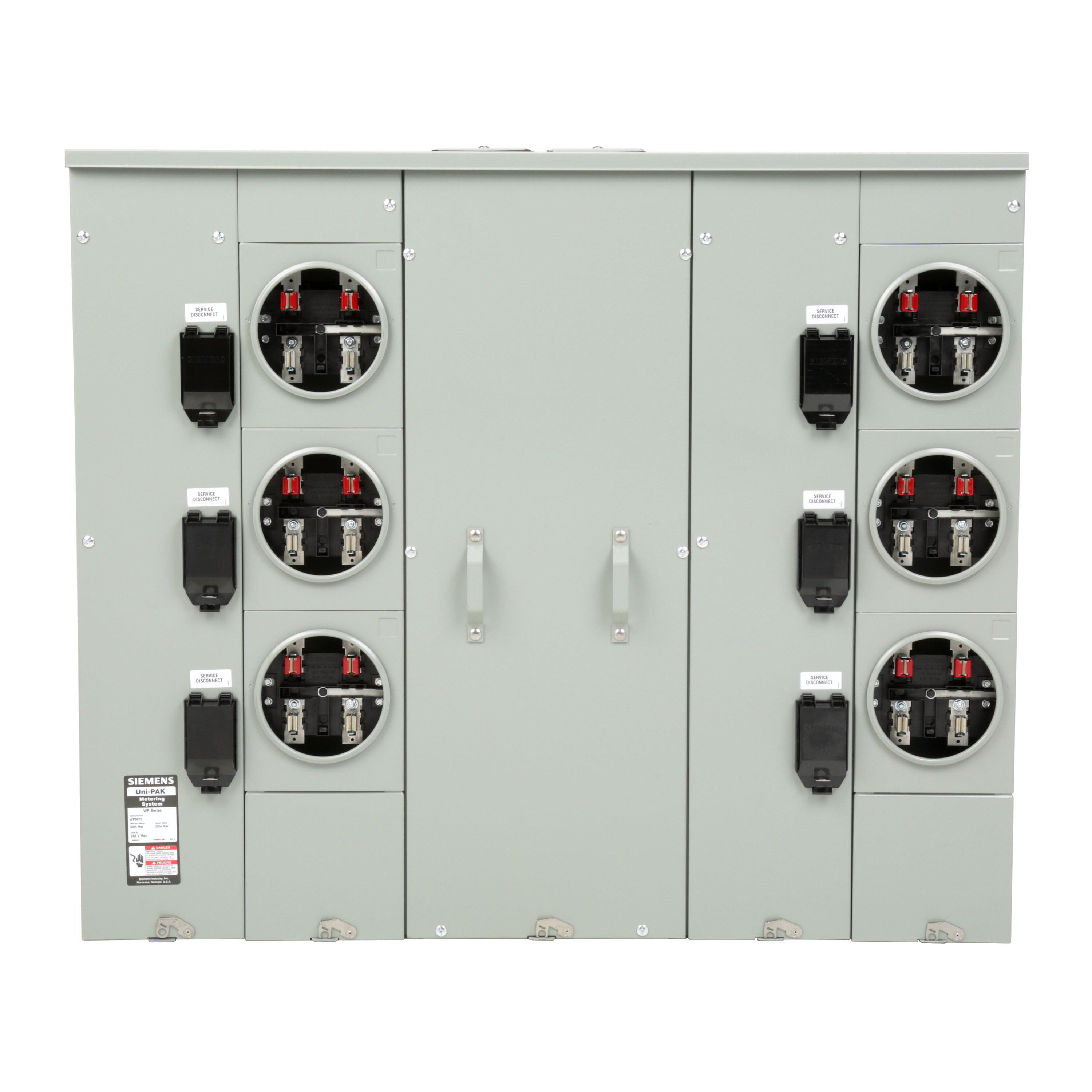 Siemens Low Voltage s Multi-Family Metering Line of PAK Metering Standard 225A as part of the PAK Metering Standard 225A Group. Type UNI-PAK Features NO BYPASSAppn GARDEN - STYLE Std UL-50,67,414 V. Rating 120/240V A. Rating 600A Phase 1PH Size 9.00 x 51.29 x 36.630 No. Of Cutouts 17 Cutout Size 1 x (1/2,3/4,1,1-1/4 ), 12 x (2-1/2,2 ,1-1/2,1-1/4,1 ), 2 x (4,3-1/2,3,2-1/2,2 ), 2X4 Cable Entry TOPOR BOTTOM FEED Terminal 3X2 STUDS. Insulated.Appn . Wall Mounted. Enclosure RING