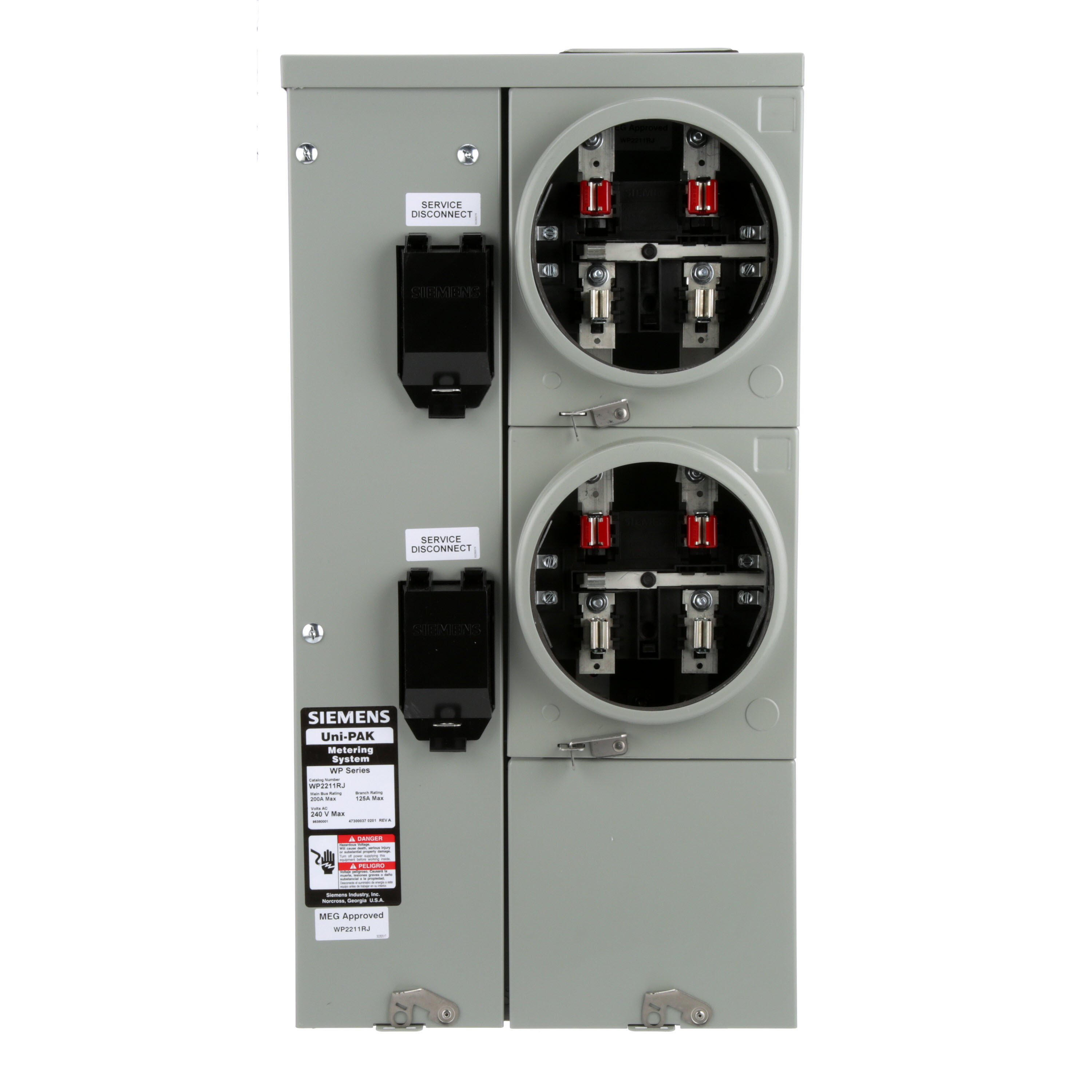 Siemens Low Voltage s Multi-Family Metering Line of PAK Metering Standard 125A as part of the PAK Metering Standard 125A Group. Type UNI-PAK Features NO BYPASSAppn GARDEN - STYLE Std UL-50,67,414 V. Rating 120/240V A. Rating 200A Phase 1PH Size 7.25 x 14.05 x 27.140 No. Of Cutouts 7 Cutout Size 2X1/2 , 1 x (1-1/2,1-1/4,1 ), 2 x (,2 ,1-1/2,1-1/4,1 ), 1 x (3,2-1/2,2,1-1/2,2 ), 1X4 Cable Entry TOP OR BOTTOM FEED Terminal 3X2 STUDS. Insulated.Appn . Wall Mounted. Enclosure RINGLESS