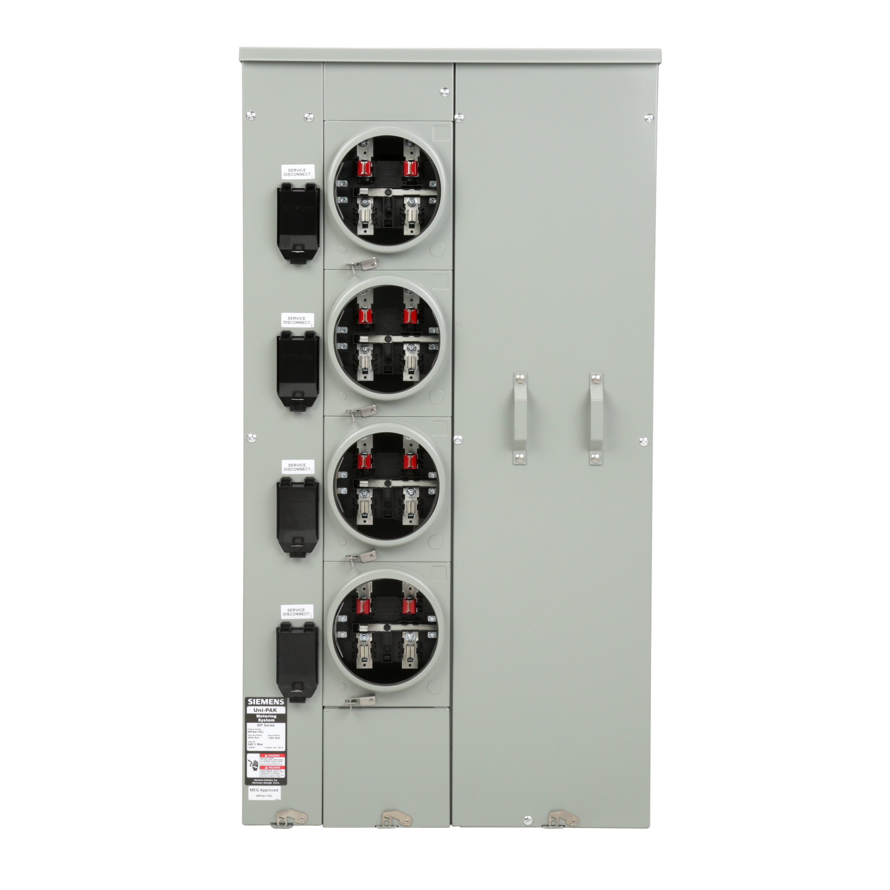 Siemens Low Voltage s Multi-Family Metering Line of PAK Metering Standard 125A as part of the PAK Metering Standard 125A Group. Type UNI-PAK Features NO BYPASSAppn GARDEN - STYLE Std UL-50,67,414 V. Rating 120/240V A. Rating 400A Phase 1PH Size 9.00 x 26.74 x 48.630 No. Of Cutouts 11 Cutout Size 1 x (1/2,3/4,1,1-1/4 ), 6 x (2-1/2,2 ,1-1/2,1-1/4,1 ), 2 x (4,3-1/2,3,2-1/2,2 ), 2X4 Cable Entry TOP OR BOTTOM FEED Terminal 3X2 STUDS. Insulated.Appn . Wall Mounted. Enclosure RINGLESS