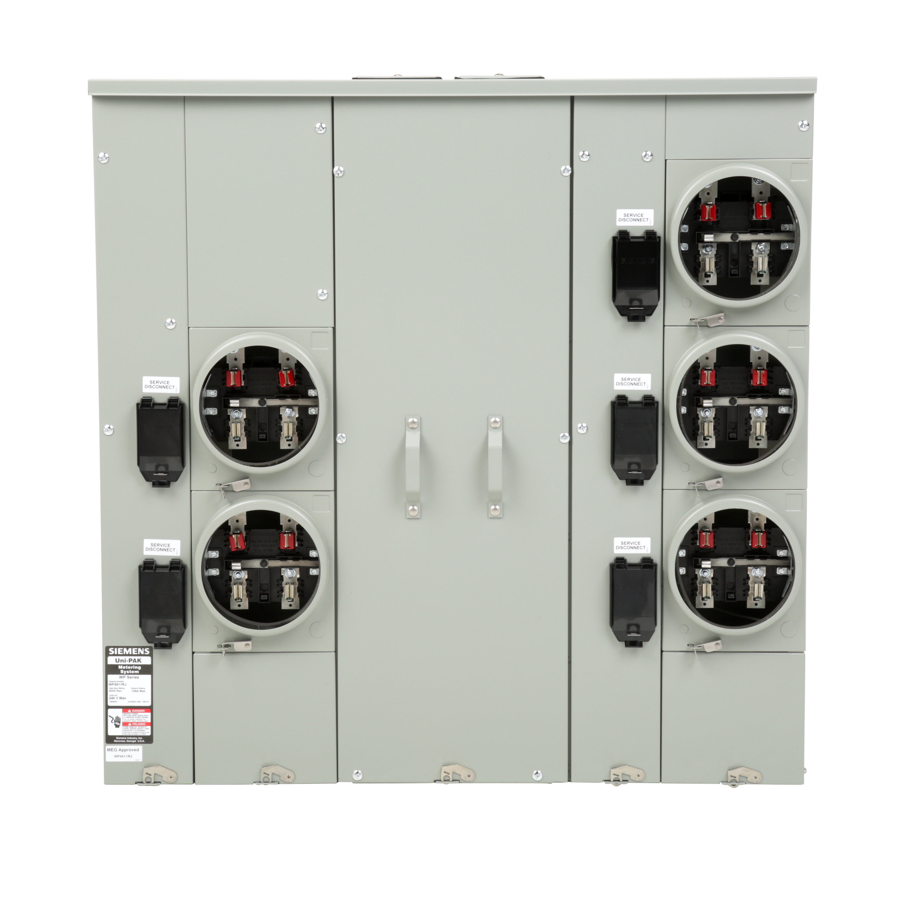 Siemens Low Voltage s Multi-Family Metering Line of PAK Metering Standard 125A as part of the PAK Metering Standard 125A Group. Type UNI-PAK Features NO BYPASSAppn GARDEN - STYLE Std UL-50,67,414 V. Rating 120/240V A. Rating 400A Phase 1PH Size 9.00 x 39.19 x 39.630 No. Of Cutouts 18 Cutout Size 1 x (1/2,3/4,1,1-1/4 ), 12 x (2-1/2,2 ,1-1/2,1-1/4,1 ), 2 x (4,3-1/2,3,2-1/2,2 ), 1X1/2 ,2X4 Cable Entry TOP OR BOTTOM FEED Terminal 3X2 STUDS. Insulated.Appn . Wall Mounted. Enclosure RINGLESS