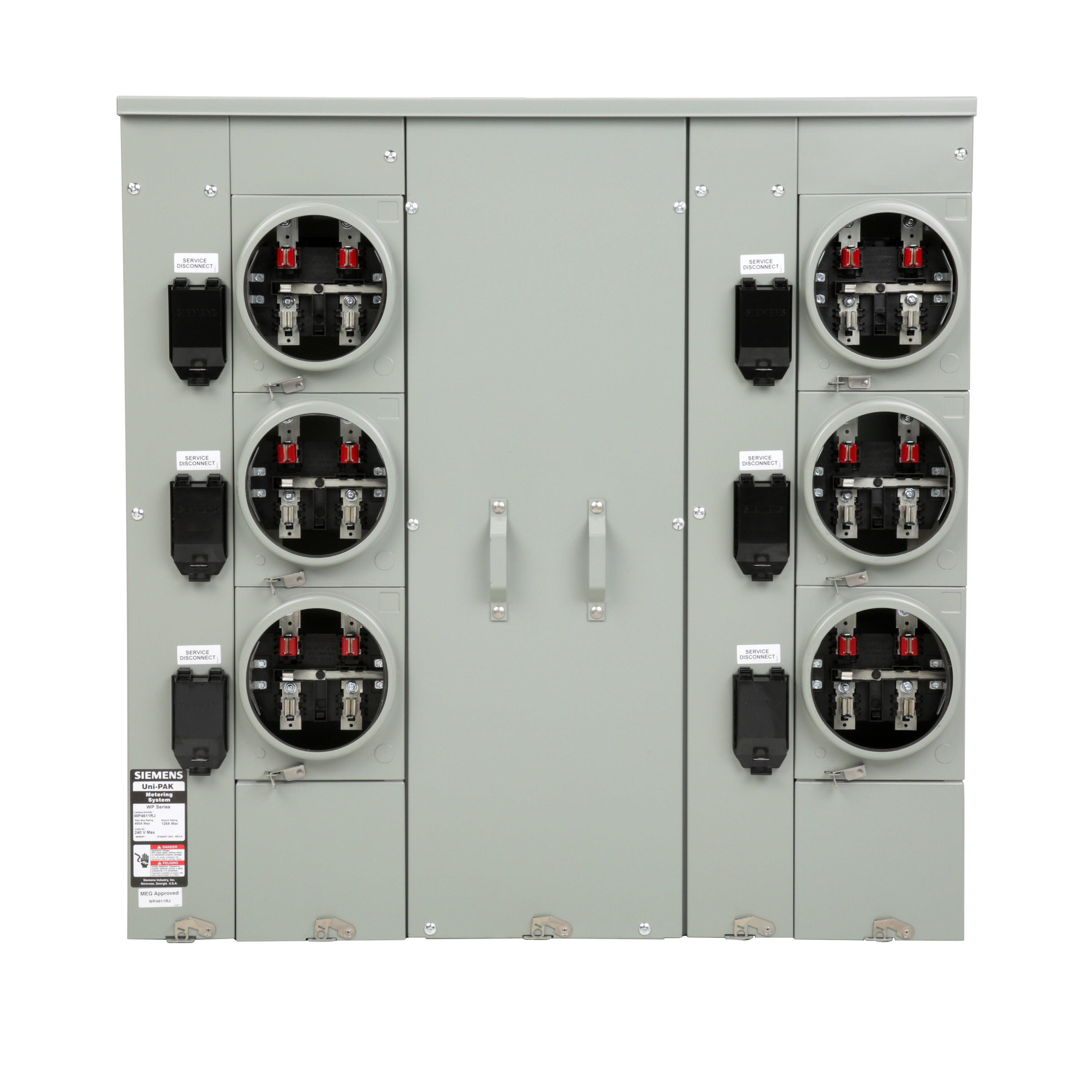 Siemens Low Voltage s Multi-Family Metering Line of PAK Metering Standard 125A as part of the PAK Metering Standard 125A Group. 9.000 x 39.190 x 39.630 Type UNI-PAK for garden-style applications. Meets stds UL-50,67,414. Rated 120/240V (400A). Insulated. RINGLESS enclosure with wall mounting. Special features no bypass