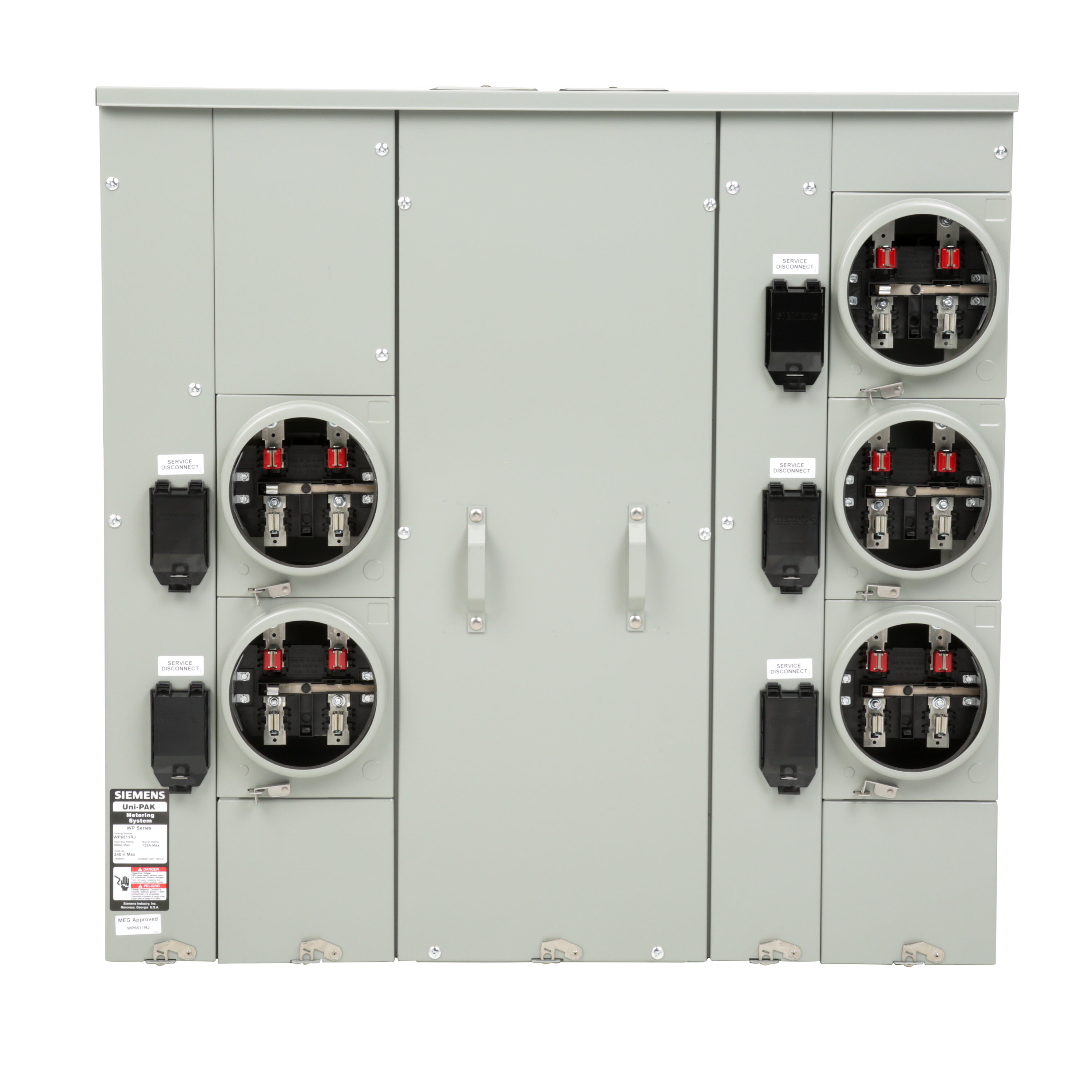 Siemens Low Voltage s Multi-Family Metering Line of PAK Metering Standard 125A as part of the PAK Metering Standard 125A Group. Type UNI-PAK Features NO BYPASSAppn GARDEN - STYLE Std UL-50,67,414 V. Rating 120/240V A. Rating 600A Phase 1PH Size 9.000x45.07 x 39.690 No. Of Cutouts 17 Cutout Size 1 x (1/2,3/4,1,1-1/4 ), 12 x (2-1/2,2 ,1-1/2,1-1/4,1 ), 2 x (4,3-1/2,3,2-1/2,2 ), 2X4 Cable Entry TOP OR BOTTOM FEED Terminal 3X2 STUDS. Insulated.Appn . Wall Mounted. Enclosure RINGLESS