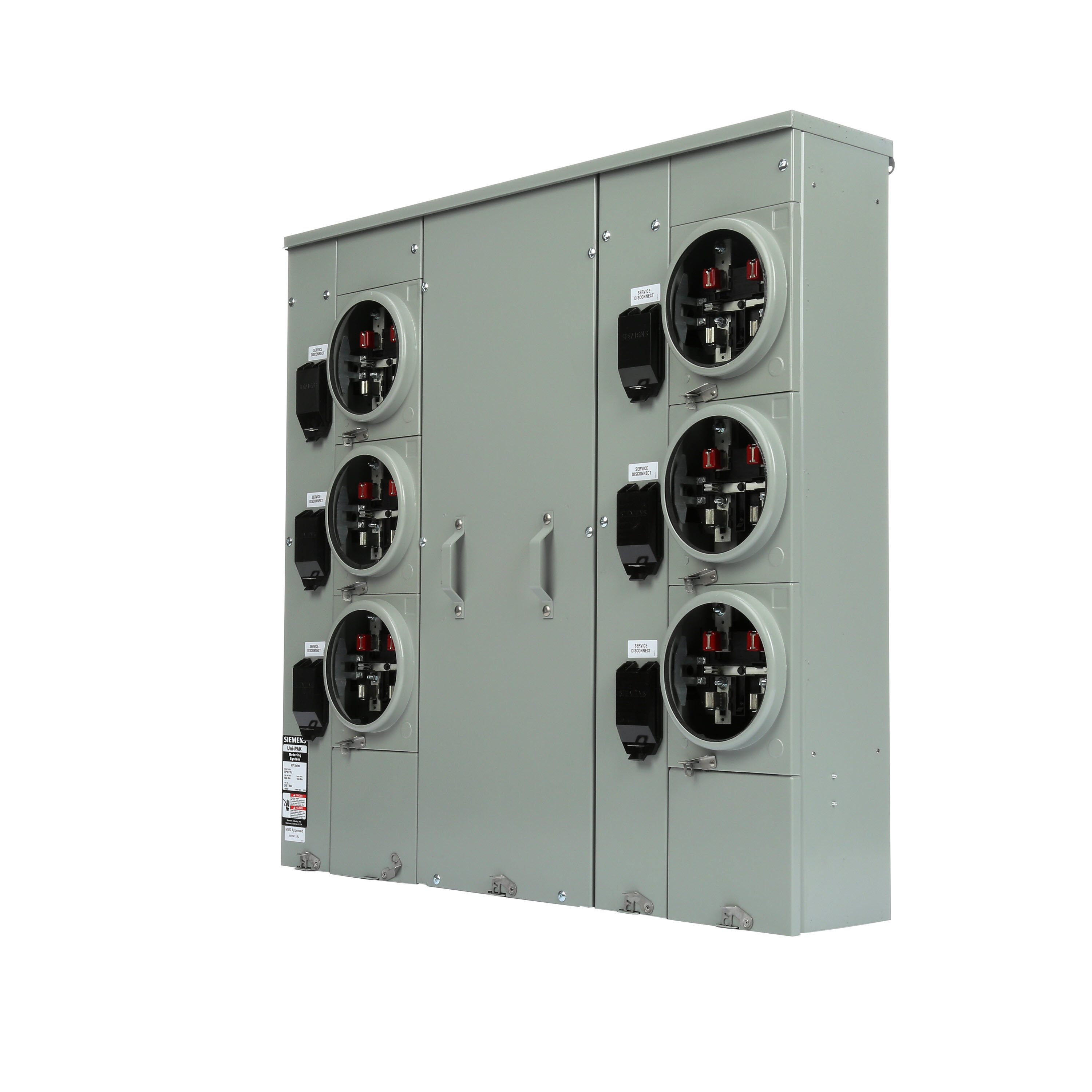 Siemens Low Voltage s Multi-Family Metering Line of PAK Metering Standard 125A as part of the PAK Metering Standard 125A Group. Type UNI-PAK Features NO BYPASSAppn GARDEN - STYLE Std UL-50,67,414 V. Rating 120/240V A. Rating 600A Phase 1PH Size 9.000x40.27 x 39.630 No. Of Cutouts 17 Cutout Size 1 x (1/2,3/4,1,1-1/4 ), 12 x (2-1/2,2 ,1-1/2,1-1/4,1 ), 2 x (4,3-1/2,3,2-1/2,2 ), 2X4 Cable Entry TOP OR BOTTOM FEED Terminal 3X2 STUDS. Insulated.Appn . Wall Mounted. Enclosure RINGLESS