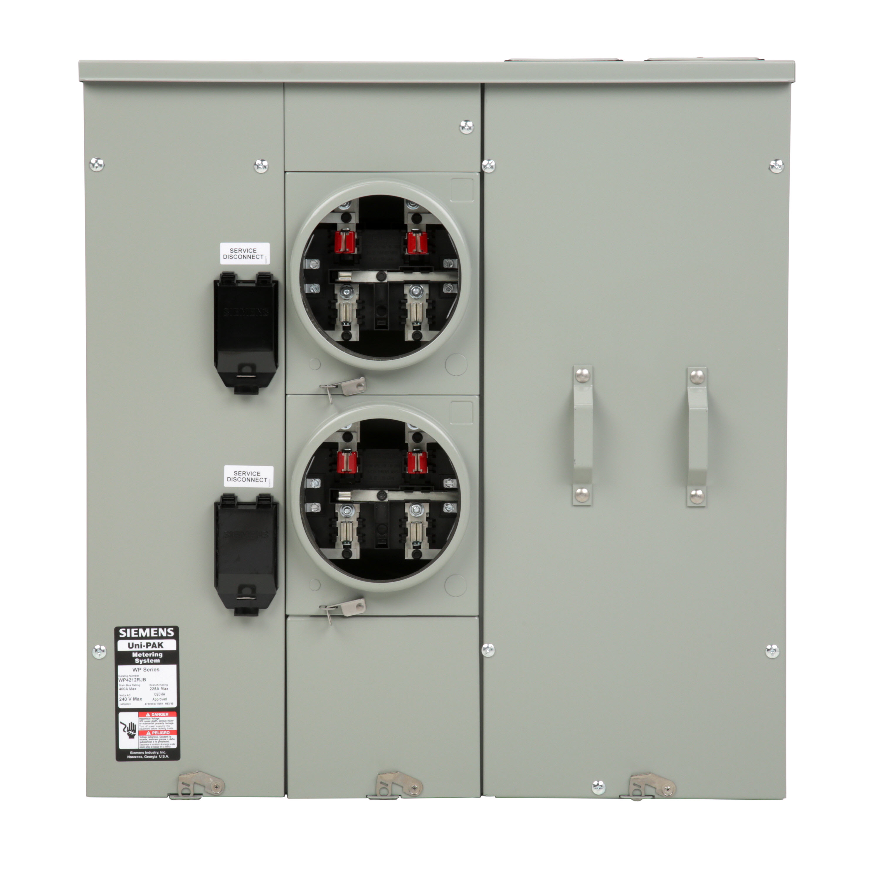Siemens Low Voltage s Multi-Family Metering Line of PAK Metering Standard 225A as part of the PAK Metering Standard 225A Group. Type UNI-PAK Features HORN BYPASS Appn GARDEN - STYLE Std UL-50,67,414 V. Rating 120/240V A. Rating 400A Phase 1PH Size 9.00 x 28.79 x 30.630 No. Of Cutouts 11 Cutout Size 1 x (1/2,3/4,1,1-1/4 ), 6 x (2-1/2,2 ,1-1/2,1-1/4,1 ), 2 x (4,3-1/2,3,2-1/2,2 ), 2X4 Cable Entry TOP OR BOTTOM FEED Terminal 3X2 STUDS. Insulated.Appn . Wall Mounted. Enclosure RINGLESS