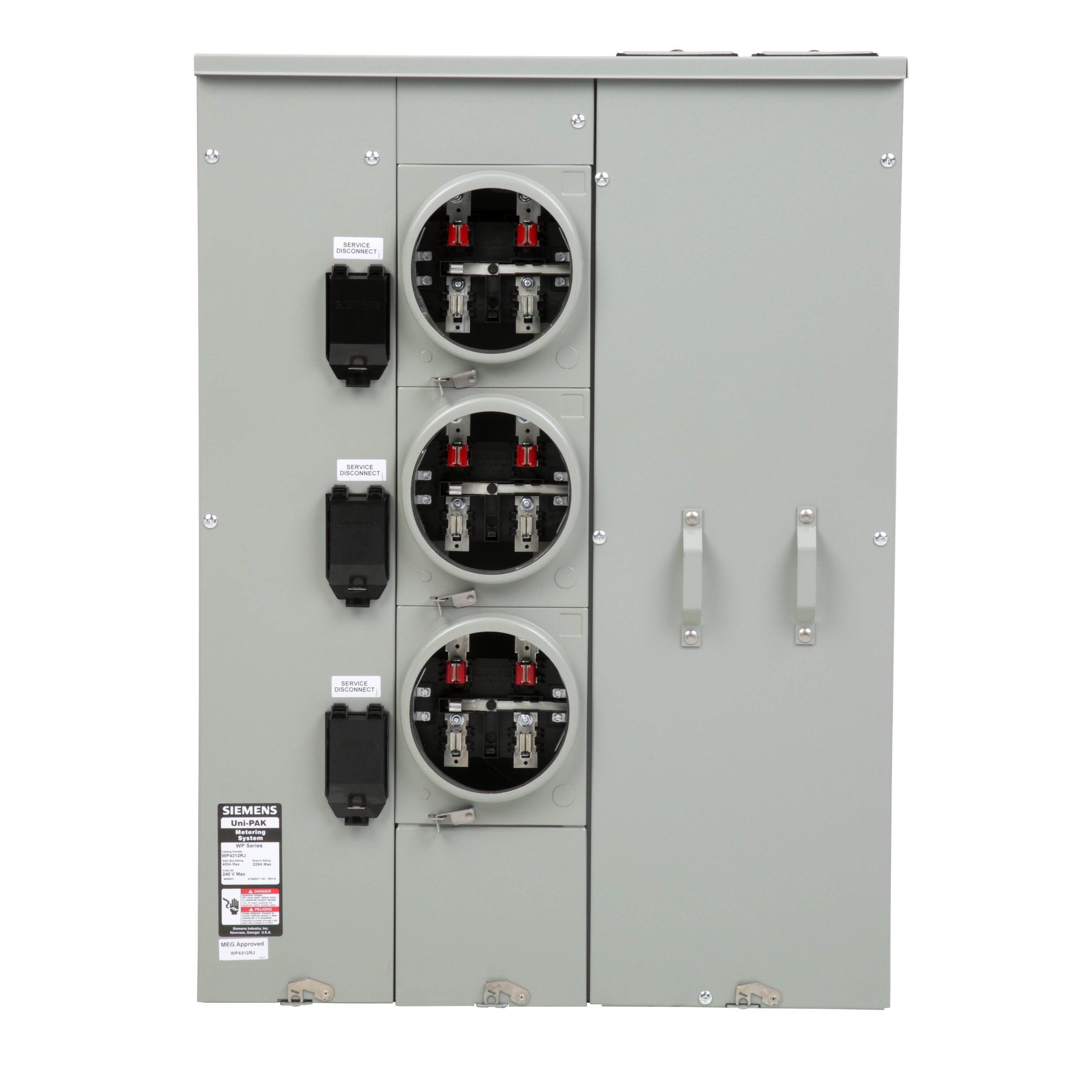 Siemens Low Voltage s Multi-Family Metering Line of PAK Metering Standard 225A as part of the PAK Metering Standard 225A Group. Type UNI-PAK Features NO BYPASSAppn GARDEN - STYLE Std UL-50,67,414 V. Rating 120/240V A. Rating 400A Phase 1PH Size 9.00 x 28.79 x 39.630 No. Of Cutouts 11 Cutout Size 6X(2-1/2,2,1-1/2 ), 2X4 , 2 x (4,3-1/2,3 ,2-1/2,2 ), 1 x (1-1/4,1,3/4,1/2 ) Cable Entry TOP/BOTTOM Terminal 3X2 STUDS. Insulated.Appn . Wall Mounted. Enclosure RINGLESS