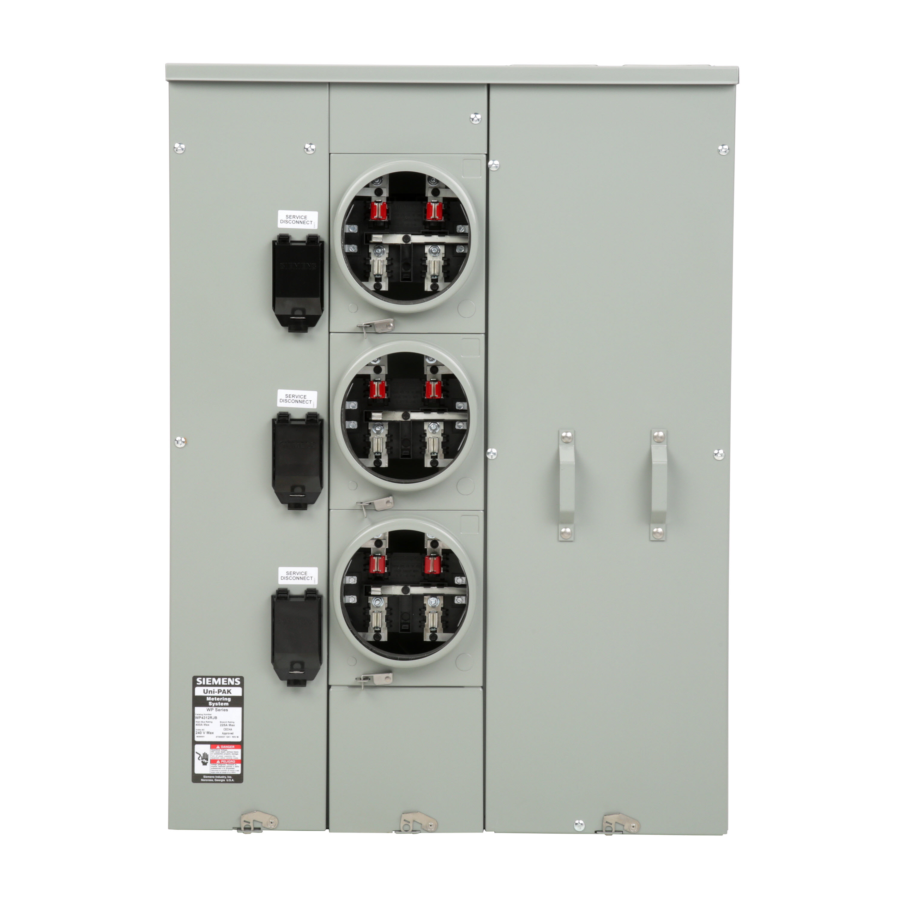 Siemens Low Voltage s Multi-Family Metering Line of PAK Metering Standard 225A as part of the PAK Metering Standard 225A Group. Type UNI-PAK Features HORN BYPASS Appn GARDEN - STYLE Std UL-50,67,414 V. Rating 120/240V A. Rating 400A Phase 1PH Size 9.00 x 28.79 x 39.630 No. Of Cutouts 11 Cutout Size 1 x (1/2,3/4,1,1-1/4 ), 6 x (2-1/2,2 ,1-1/2,1-1/4,1 ), 2 x (4,3-1/2,3,2-1/2,2 ), 2X4 Cable Entry TOP OR BOTTOM FEED Terminal 3X2 STUDS. Insulated.Appn . Wall Mounted. Enclosure RINGLESS