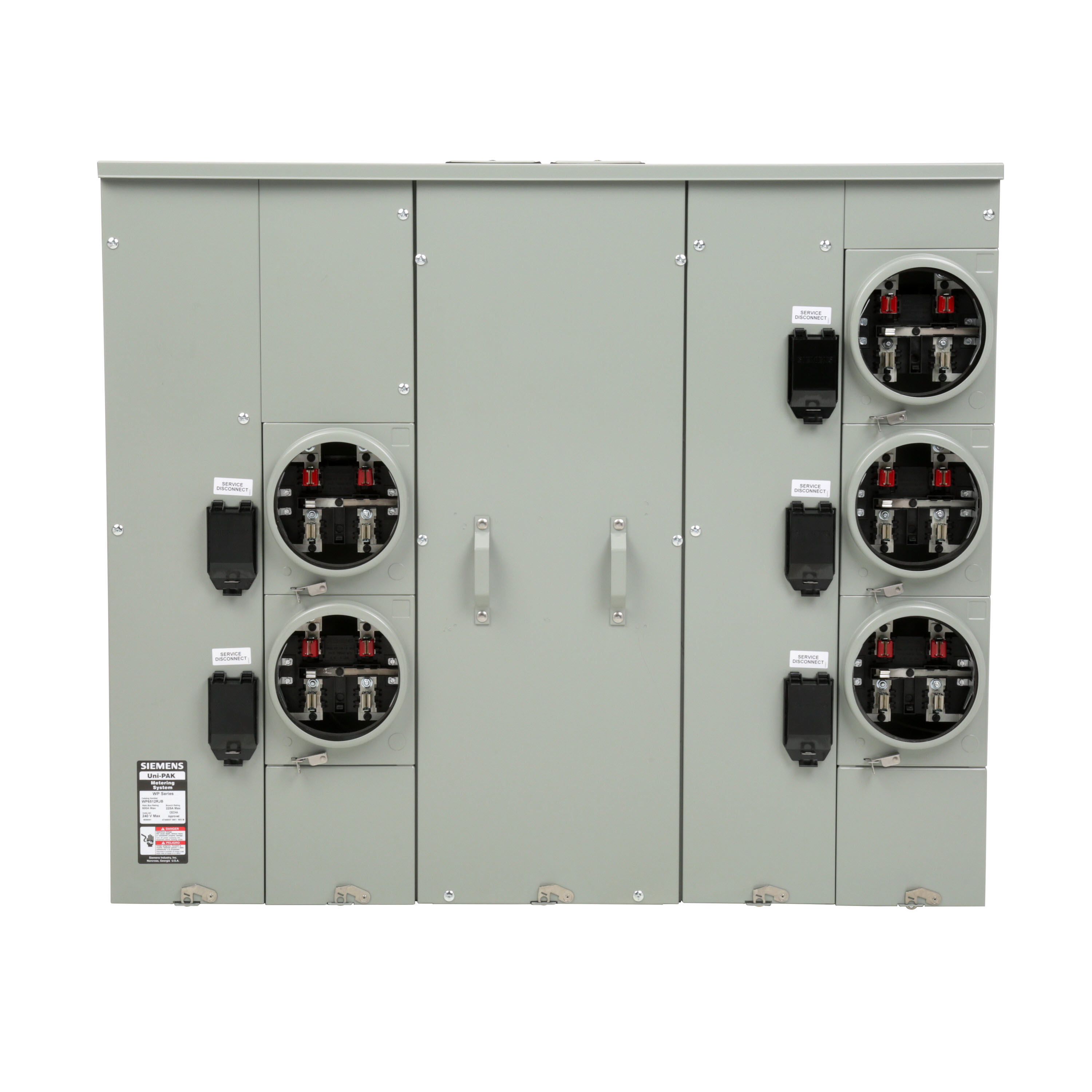 Siemens Low Voltage s Multi-Family Metering Line of PAK Metering Standard 225A as part of the PAK Metering Standard 225A Group. Type UNI-PAK Features HORN BYPASS Appn GARDEN - STYLE Std UL-50,67,414 V. Rating 120/240V A. Rating 600A Phase 1PH Size 9.000x46.47 x 39.630 No. Of Cutouts 17 Cutout Size 1 x (1/2,3/4,1,1-1/4), 12 x (2-1/2,2 ,1-1/2,1-1/4,1 ), 2 x (4,3-1/2,3,2-1/2,2 ), 2X4 Cable Entry TOP OR BOTTOM FEED Terminal 3X2 STUDS. Insulated.Appn . Wall Mounted. Enclosure RINGLESS