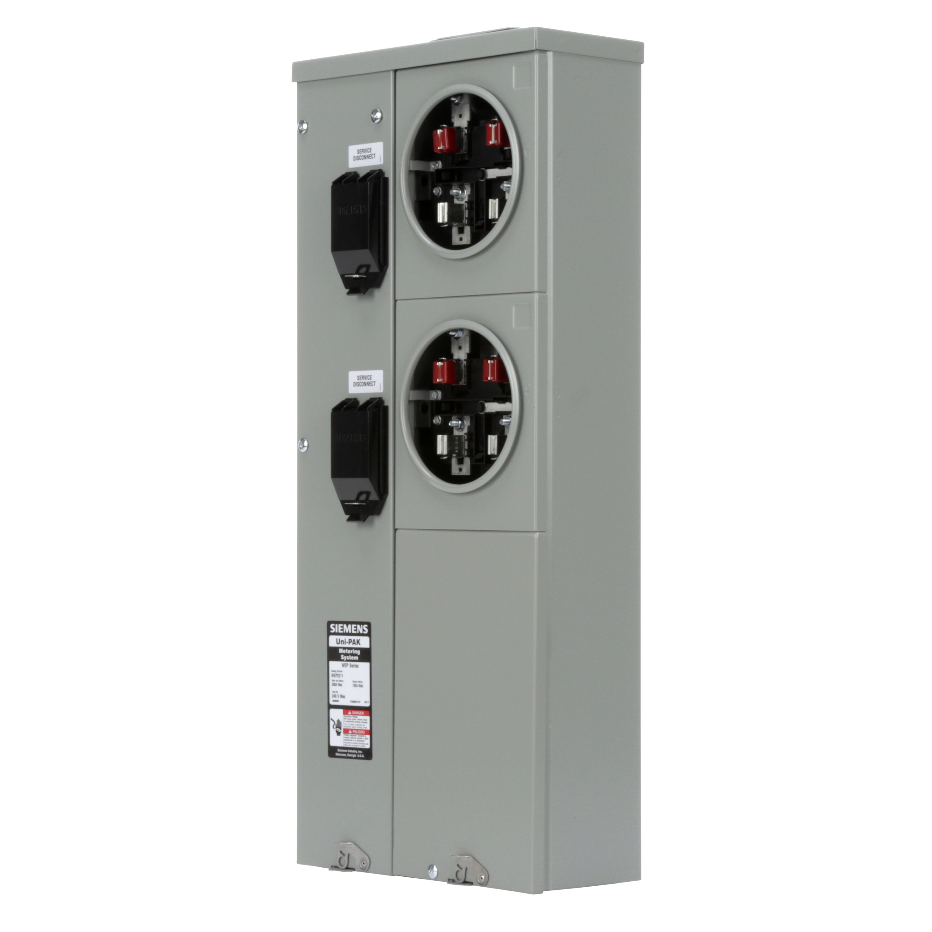 Siemens Low Voltage s Multi-Family Metering Line of PAK Metering EUSERC as partof the PAK Metering EUSERC Group. Type UNI-PAK Features NO BYPASS EUSERC CERTIFIED Appn GARDEN - STYLE Std UL-50,67,414 V. Rating 120/240V A. Rating 200A Phase1PH Size 7.25 x 14.05 x 33.380 No. Of Cutouts 7 Cutout Size 2X1/2 , 1 x (1-1/2,1-1/4,1 ), 2 x (,2 ,1-1/2,1-1/4,1 ), 1 x (3,2-1/2,2,1-1/2,2 ), 1X4 Cable Entry TOP OR BOTTOM FEED Terminal 3X2 STUDS. Insulated.Appn . Wall Mounted. Enclosure RING