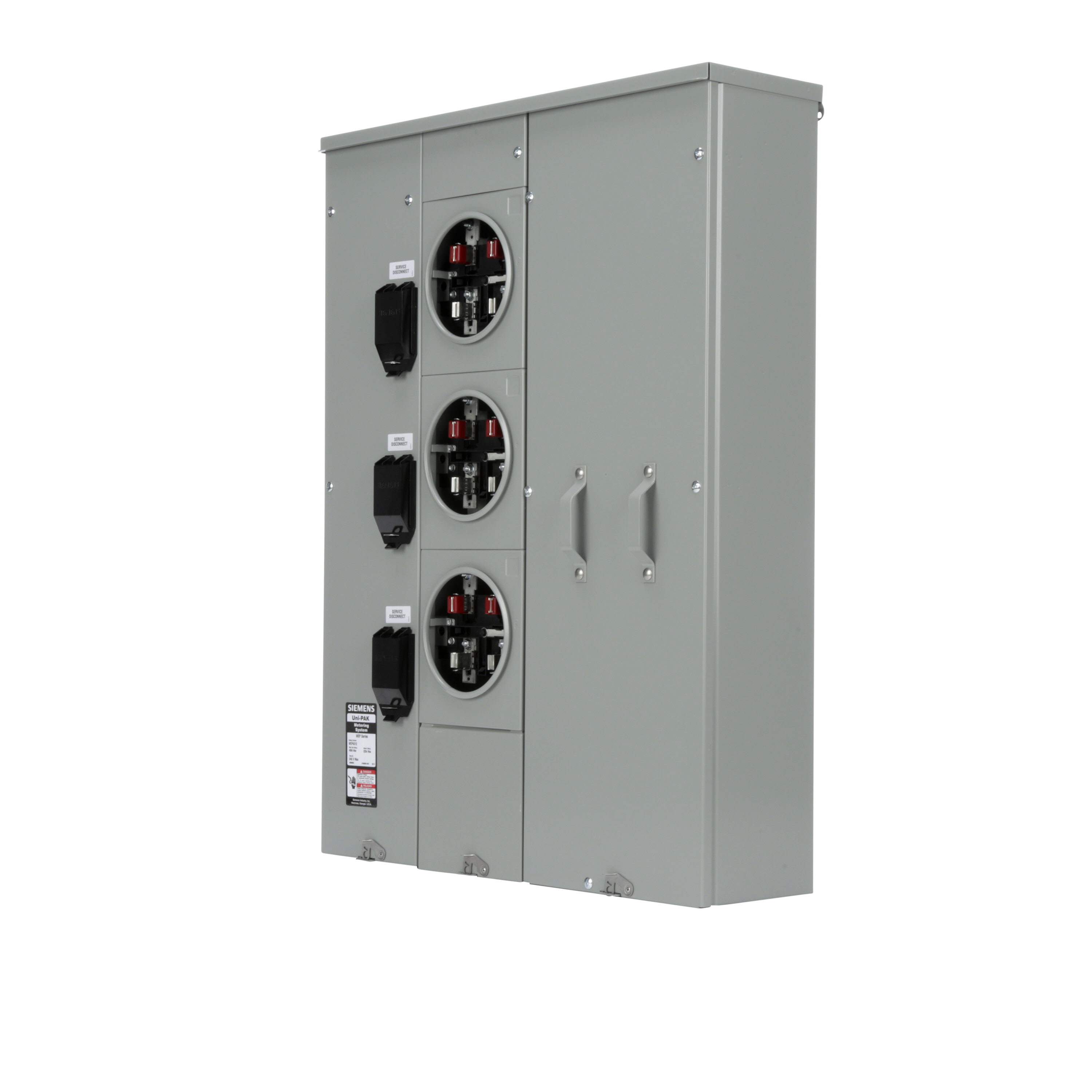 Siemens Low Voltage s Multi-Family Metering Line of PAK Metering EUSERC as partof the PAK Metering EUSERC Group. Type UNI-PAK Features NO BYPASS EUSERC CERTIFIED Appn GARDEN - STYLE Std UL-50,67,414 V. Rating 120/240V A. Rating 400A Phase1PH Size 9.00 x 28.79 x 39.630 No. Of Cutouts 11 Cutout Size 1 x (1/2,3/4,1,1-1/4 ), 6 x (2-1/2,2 ,1-1/2,1-1/4,1 ), 2 x (4,3-1/2,3,2-1/2,2 ), 2X4 Cable Entry TOP OR BOTTOM FEED Terminal 3X2 STUDS. Insulated.Appn . Wall Mounted. Enclosure RING