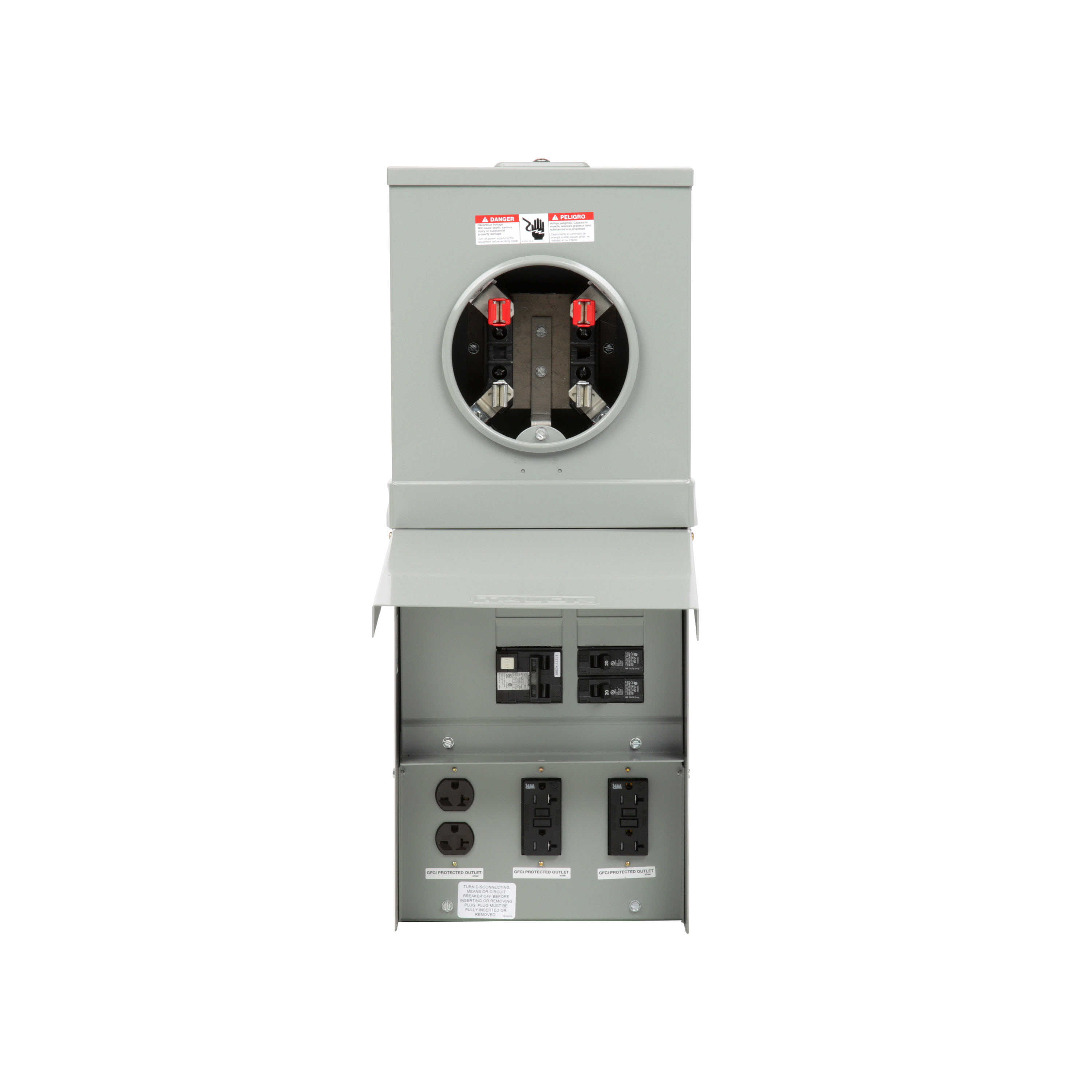 Siemens Low Voltage Talon Temporary Power Outlet Panel. Receptacles included 6-20R rated 250V (20A) GFCI protected, 5-20R2GFI rated 125V (20A), 5-20R2GFI rated125V (20A). Special features ring type no bypass, surface mount enclosure, top feed, metered.