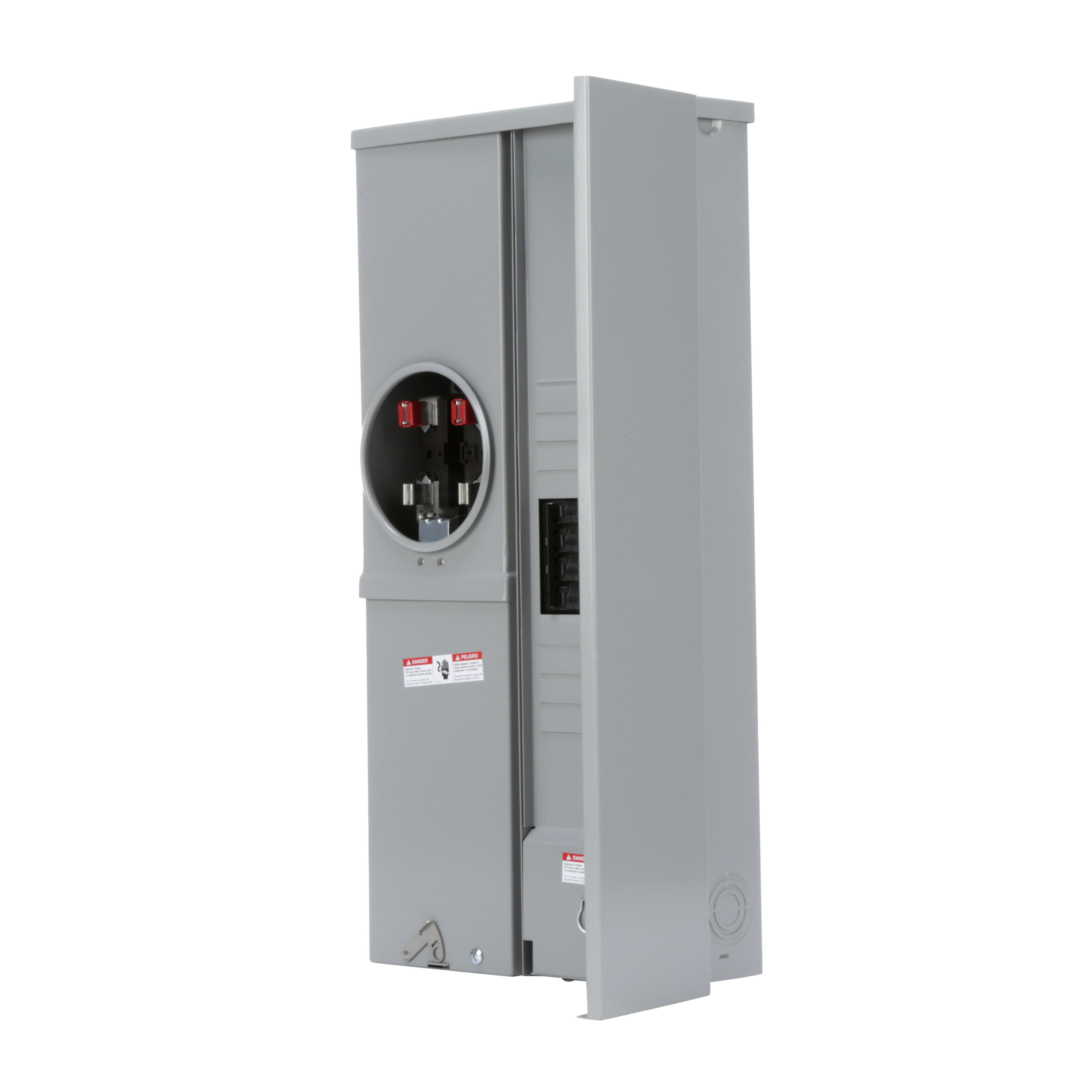 SIEMENS LOW VOLTAGE METER LOAD CENTER COMBINATION. FACTORY INSTALLED MAIN BREAKER 8 (1 INCH) SPACES INTERIOR ALLOWING MAX 16 CIRCUITS. 4-JAW METER / 1-PHASE SYSTEM RATED 200A. SPECIAL FEATURES OH/UG FEED, RING TYPE COVER, SURFACE MOUNTING,EUSERC APPROVED FEED THRU LUGS