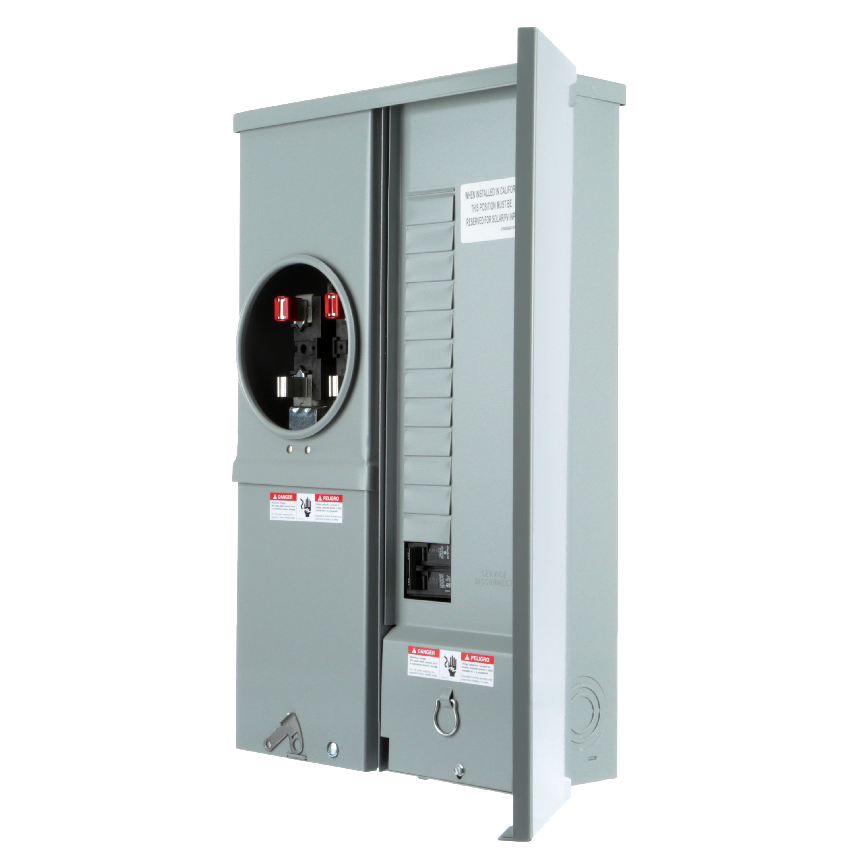 SIEMENS LOW VOLTAGE METER LOAD CENTER COMBINATION. FACTORY INSTALLED MAIN BREAKER 12 (1 INCH) SPACES INTERIOR ALLOWING MAX 24 CIRCUITS. 4-JAW METER / 1-PHASE SYSTEM RATED 125A. SPECIAL FEATURES OH/UG FEED, RING TYPE COVER, SURFACE MOUNTING, EUSERC APPROVED
