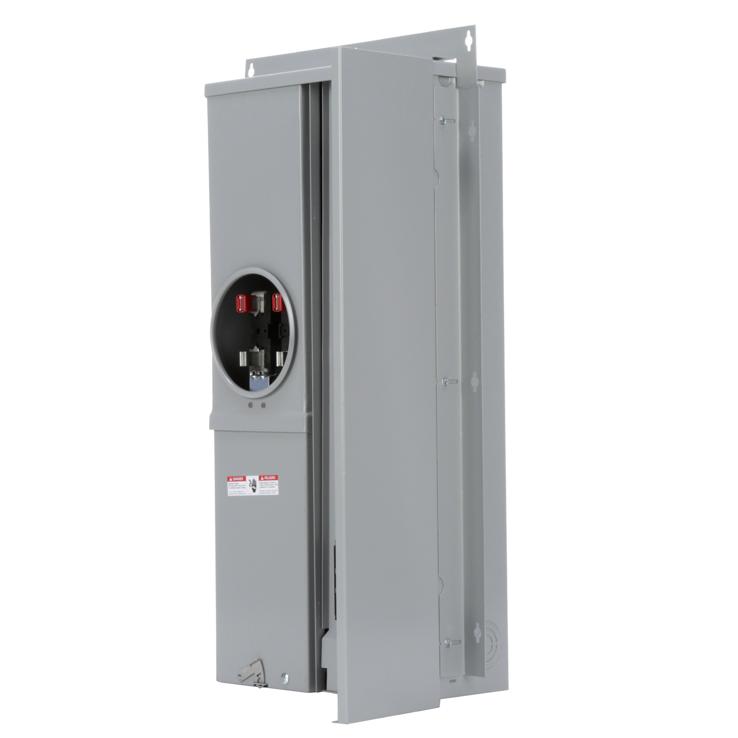 SIEMENS LOW VOLTAGE METER LOAD CENTER COMBINATION. FACTORY INSTALLED MAIN BREAKER 20 (1 INCH) SPACES INTERIOR ALLOWING MAX 40 CIRCUITS. 4-JAW METER / 1-PHASE SYSTEM RATED 200A. SPECIAL FEATURES OH/UG FEED, RING TYPE COVER, FLUSH MOUNTING, EUSERC APPROVED