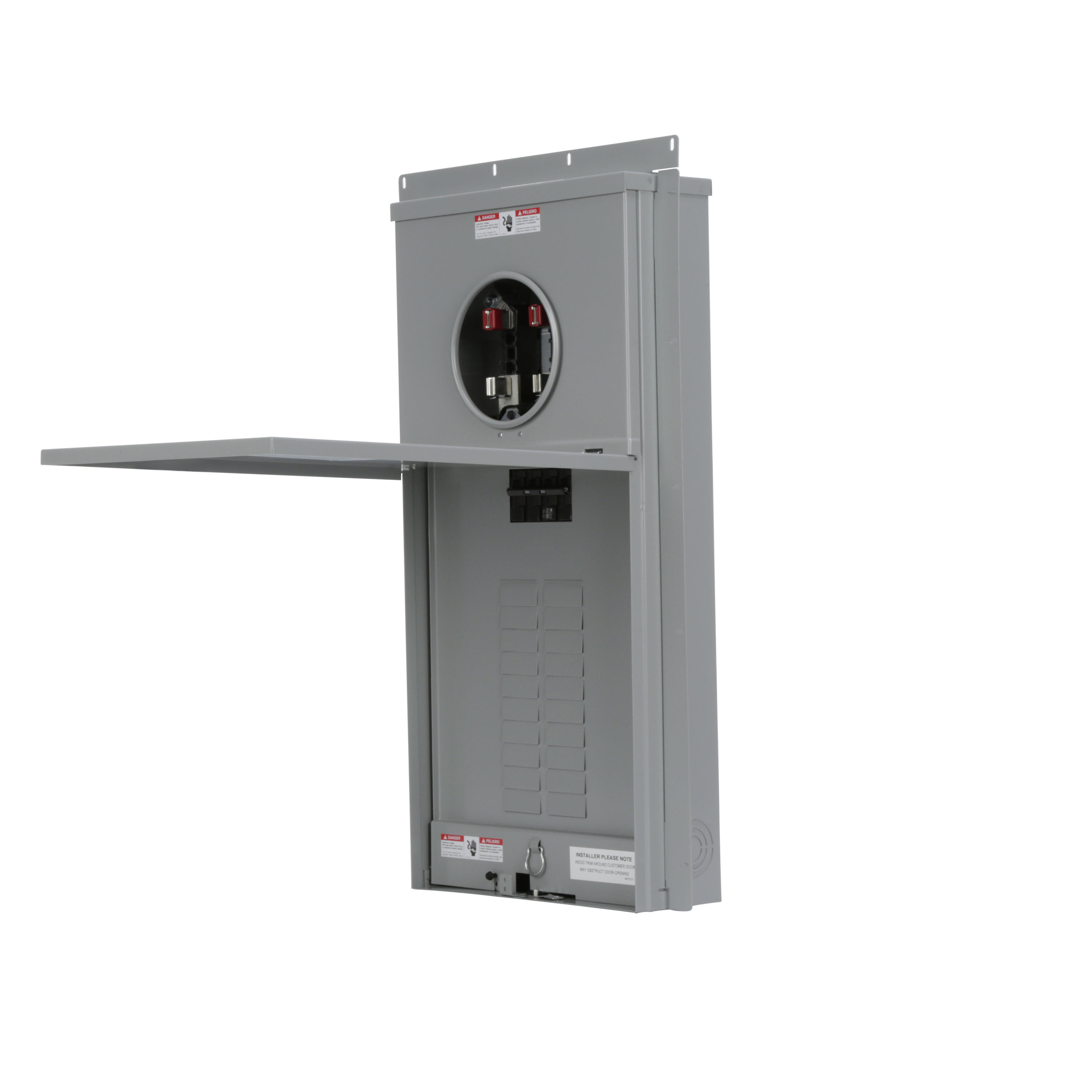 SIEMENS LOW VOLTAGE METER LOAD CENTER COMBINATION. FACTORY INSTALLED MAIN BREAKER 20 (1 INCH) SPACES INTERIOR ALLOWING MAX 40 CIRCUITS. 4-JAW METER / 1-PHASE SYSTEM RATED 200A. SPECIAL FEATURES OH/UG FEED, RING TYPE COVER, FLUSH MOUNTING