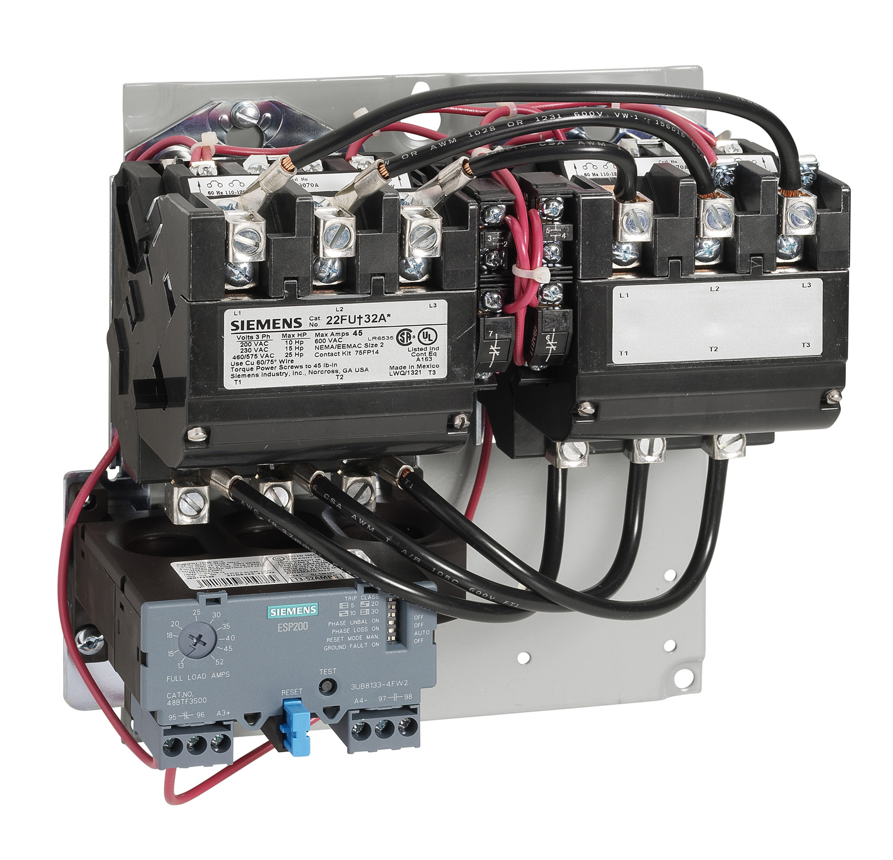 Reversing motor starter, Size 2, Three phase full voltage, Solid-state overloadrelay, OLR amp range 13-52A, 110 120/220 240VAC 60Hz coil, Non-combination type, Enclosure type (open), No enclosure
