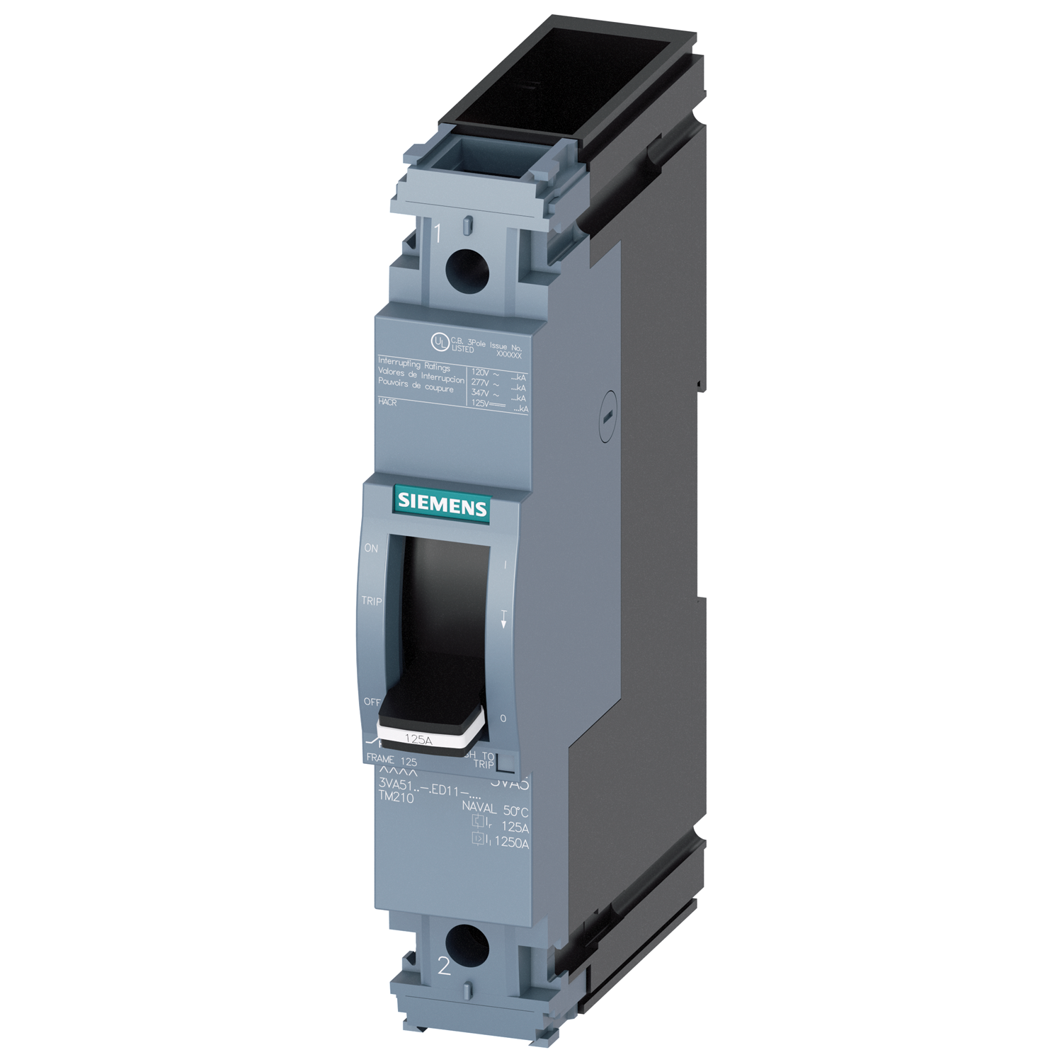 SIEMENS LOW VOLTAGE 3VA UL MOLDED CASE CIRCUIT BREAKER WITH THERMAL - MAGNETIC TRIP UNIT. 3VA51 FRAME WITH STANDARD (CLASS S) BREAKING CAPACITY. 125A 3-POLE (14KAIC AT 600Y/347) (25KAIC AT 480V). TM210 TRIP UNIT WITH FIXED Ir FIXED Ii. SPECIAL FEATURES WITHOUT LUGS NAVAL RATED 50C. DIMENSIONS (W x H x D) IN 3 x 5.5 x 3.7.