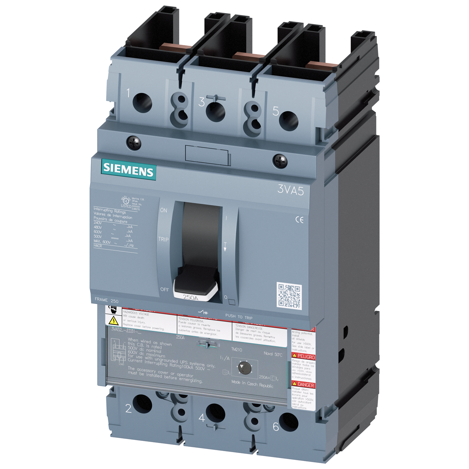 SIEMENS LOW VOLTAGE 3VA UL MOLDED CASE CIRCUIT BREAKER WITH THERMAL - MAGNETIC TRIP UNIT. 3VA52 FRAME WITH VERY HIGH (CLASS C) BREAKING CAPACITY. 200A 3-POLE (35KAIC AT 600V) (100KAIC AT 480V). TM230 TRIP UNIT WITH FIXED Ir ADJUSTABLE Ii. SPECIAL FEATURES WITHOUT LUGS NAVAL RATED 50C. DIMENSIONS (W x H x D) IN 4.1 x 7.3 x 4.2.