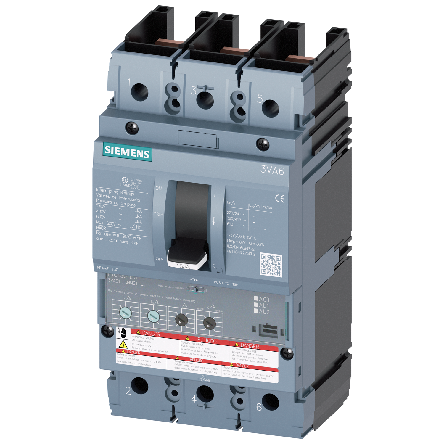 SIEMENS LOW VOLTAGE 3VA UL MOLDED CASE CIRCUIT BREAKER WITH ELECTRONIC TRIP UNIT. 3VA61 FRAME WITH MEDIUM (CLASS M) BREAKING CAPACITY. 100A 3-POLE (18KAIC AT 600V) (35KAIC AT 480V). ETU330 TRIP UNIT LIG. SPECIAL FEATURES WITHOUT LUGS 100 PERCENT RATED. DIMENSIONS (W x H x D) IN 4.1 x 7.8 x 4.2.