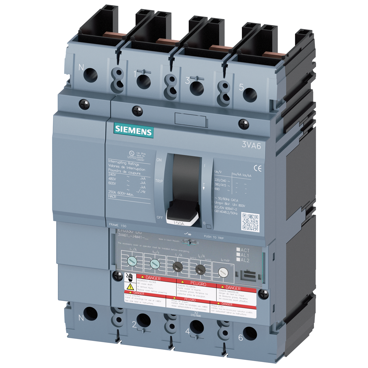 SIEMENS LOW VOLTAGE 3VA UL MOLDED CASE CIRCUIT BREAKER WITH ELECTRONIC TRIP UNIT. 3VA61 FRAME WITH EXTREMELY HIGH (CLASS L) BREAKING CAPACITY. 40A 4-POLE (50KAIC AT 600V) (150KAIC AT 480V). ETU330 TRIP UNIT LIG. SPECIAL FEATURES WITHOUT LUGS. DIMENSIONS (W x H x D) IN 5.5 x 7.8 x 4.2.