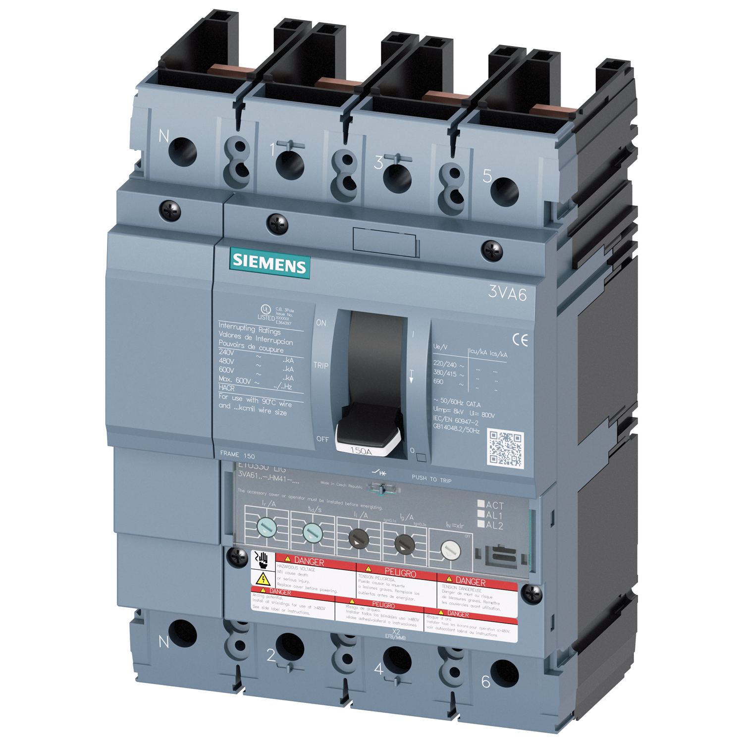 SIEMENS LOW VOLTAGE 3VA UL MOLDED CASE CIRCUIT BREAKER WITH ELECTRONIC TRIP UNIT. 3VA61 FRAME WITH VERY HIGH (CLASS C) BREAKING CAPACITY. 150A 4-POLE (35KAIC AT 600V) (100KAIC AT 480V). ETU330 TRIP UNIT LIG. SPECIAL FEATURES WITHOUT LUGS 100 PERCENT RATED. DIMENSIONS (W x H x D) IN 5.5 x 7.8 x 4.2.