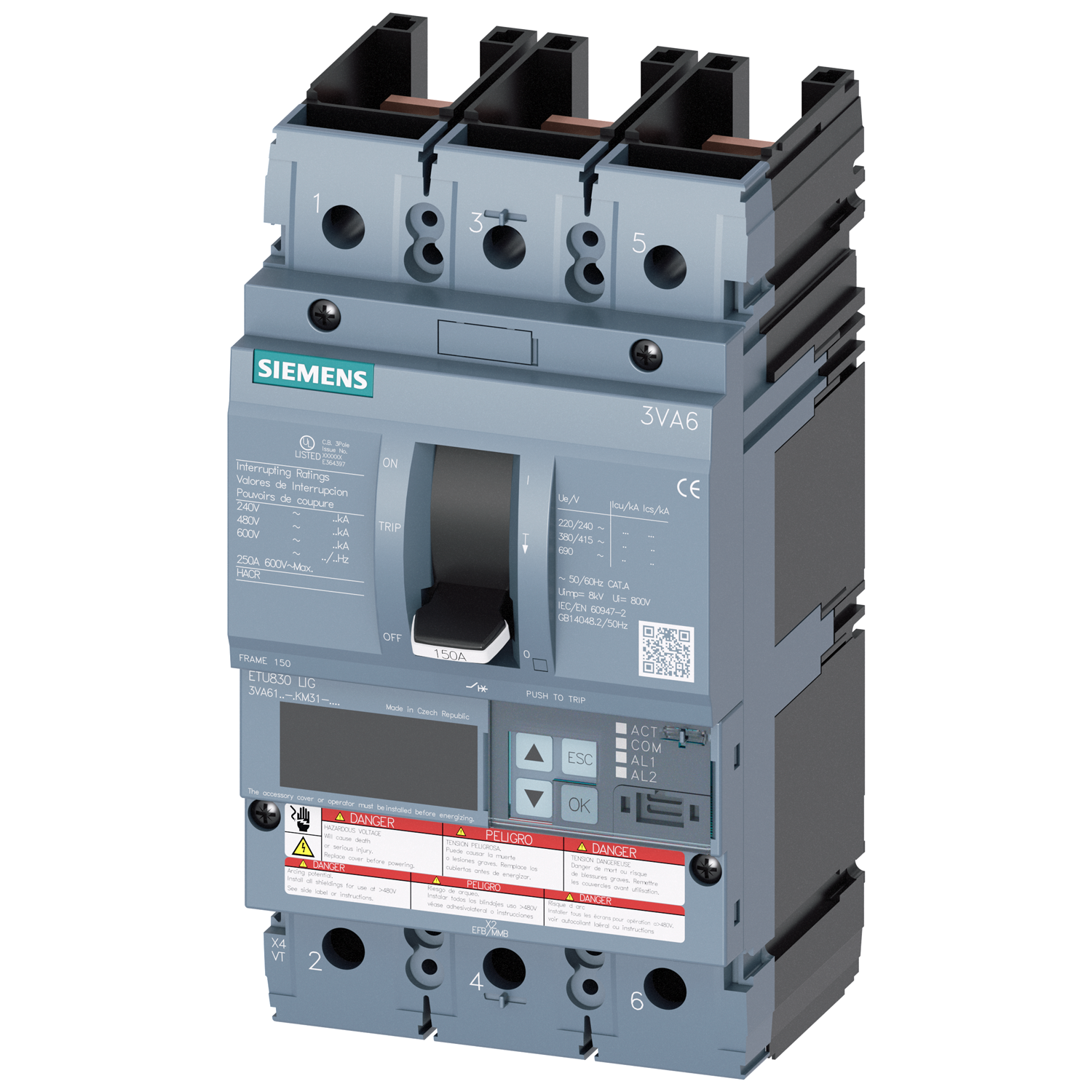 SIEMENS LOW VOLTAGE 3VA UL MOLDED CASE CIRCUIT BREAKER WITH ELECTRONIC TRIP UNIT. 3VA61 FRAME WITH EXTREMELY HIGH (CLASS L) BREAKING CAPACITY. 100A 3-POLE (50KAIC AT 600V) (150KAIC AT 480V). ETU830 TRIP UNIT LCD LIG WITH METERING. SPECIAL FEATURES WITHOUT LUGS. DIMENSIONS (W x H x D) IN 4.1 x 7.8 x 4.2.
