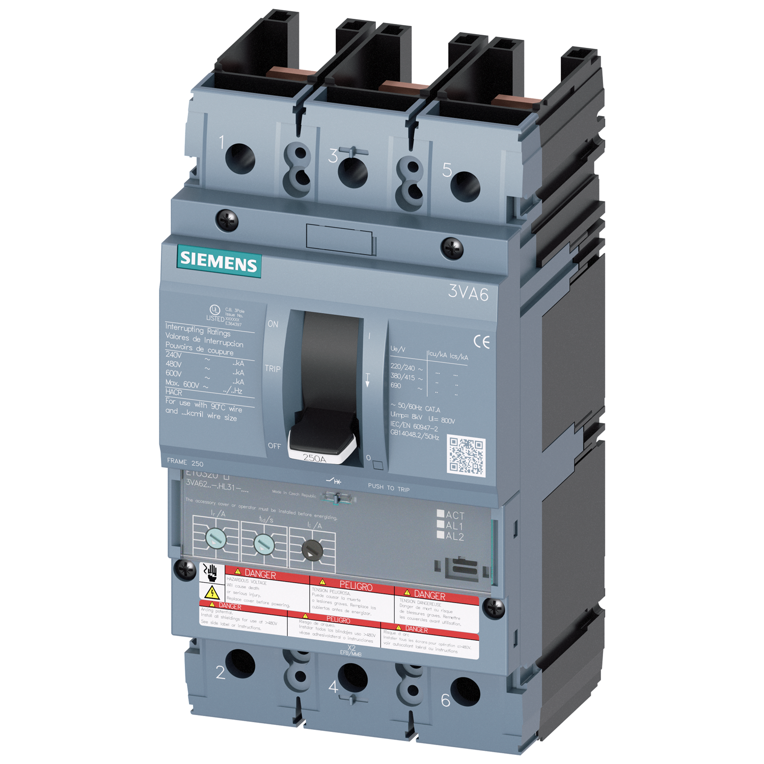 SIEMENS LOW VOLTAGE 3VA UL MOLDED CASE CIRCUIT BREAKER WITH ELECTRONIC TRIP UNIT. 3VA62 FRAME WITH HIGH (CLASS L) BREAKING CAPACITY. 250A 3-POLE (50KAIC AT 600V) (150KAIC AT 480V). ETU320 TRIP UNIT LI. SPECIAL FEATURES WITHOUT LUGS. 100 PERCENT RATED. DIMENSIONS (W x H x D) IN 4.1 x 7.8 x 4.2.