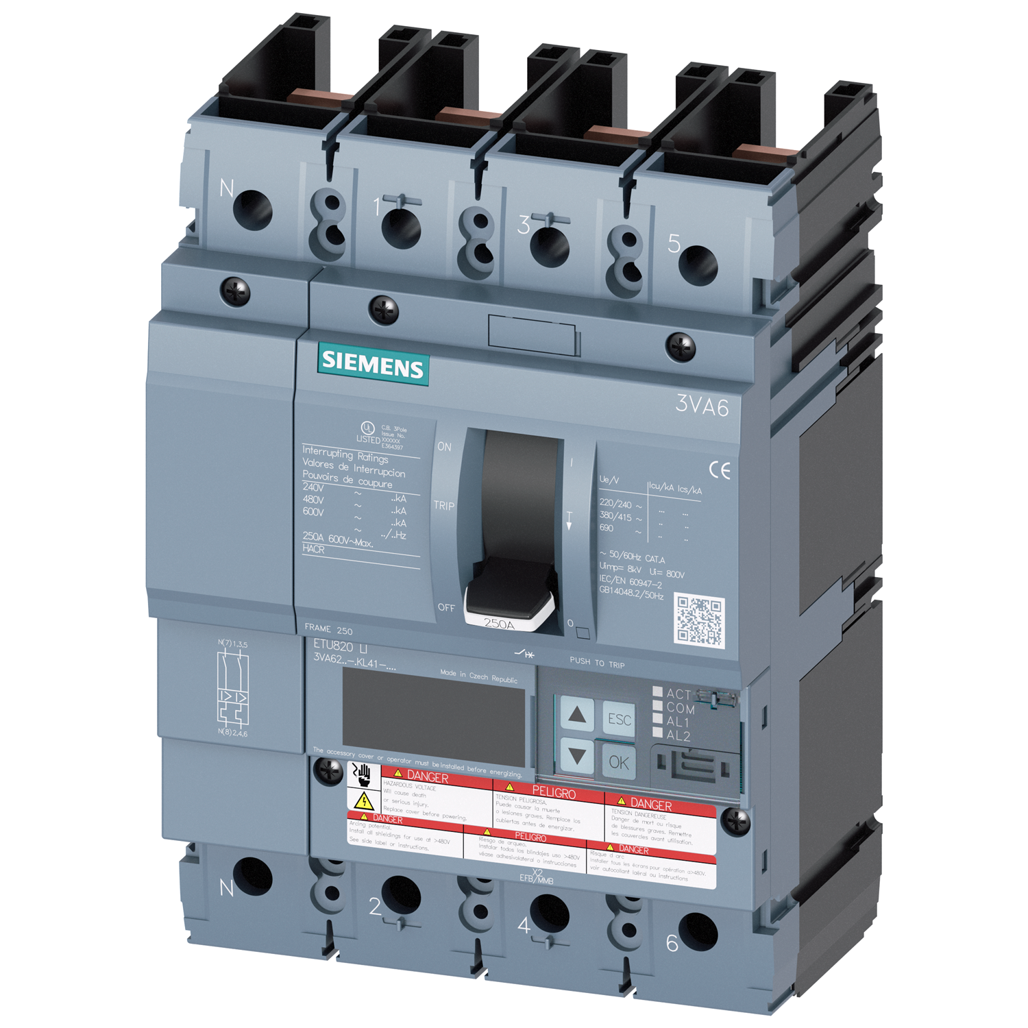 SIEMENS LOW VOLTAGE 3VA UL MOLDED CASE CIRCUIT BREAKER WITH ELECTRONIC TRIP UNIT. 3VA62 FRAME WITH MEDIUM HIGH (CLASS C) BREAKING CAPACITY. 250A 4-POLE (35KAICAT 600V) (100KAIC AT 480V). ETU820 TRIP UNIT LCD LI WITH METERING. SPECIAL FEATURES WITHOUT LUGS.. DIMENSIONS (W x H x D) IN 5.5 x 7.8 x 4.2.