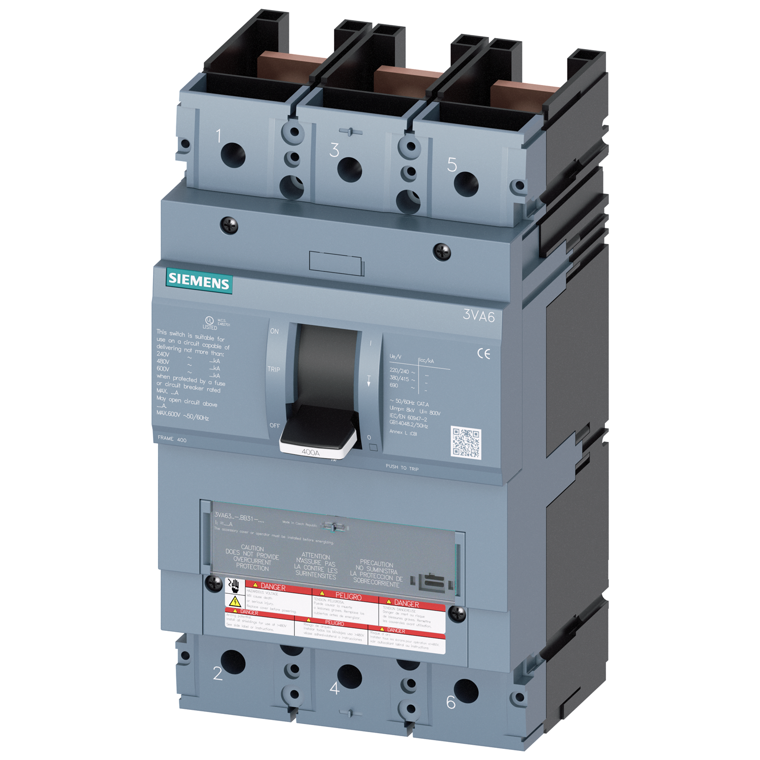 SIEMENS LOW VOLTAGE 3VA UL MOLDED CASE SWITCH WITH SELF-PROTECTING INSTANTANEOUS TRIP UNIT. 3VA63 FRAME. 400A 3-POLE (100KA AT 480V). SPECIAL FEATURES WITHOUT LUGS. DIMENSIONS (W x H x D) IN 5.4 x 9.8 x 5.4.