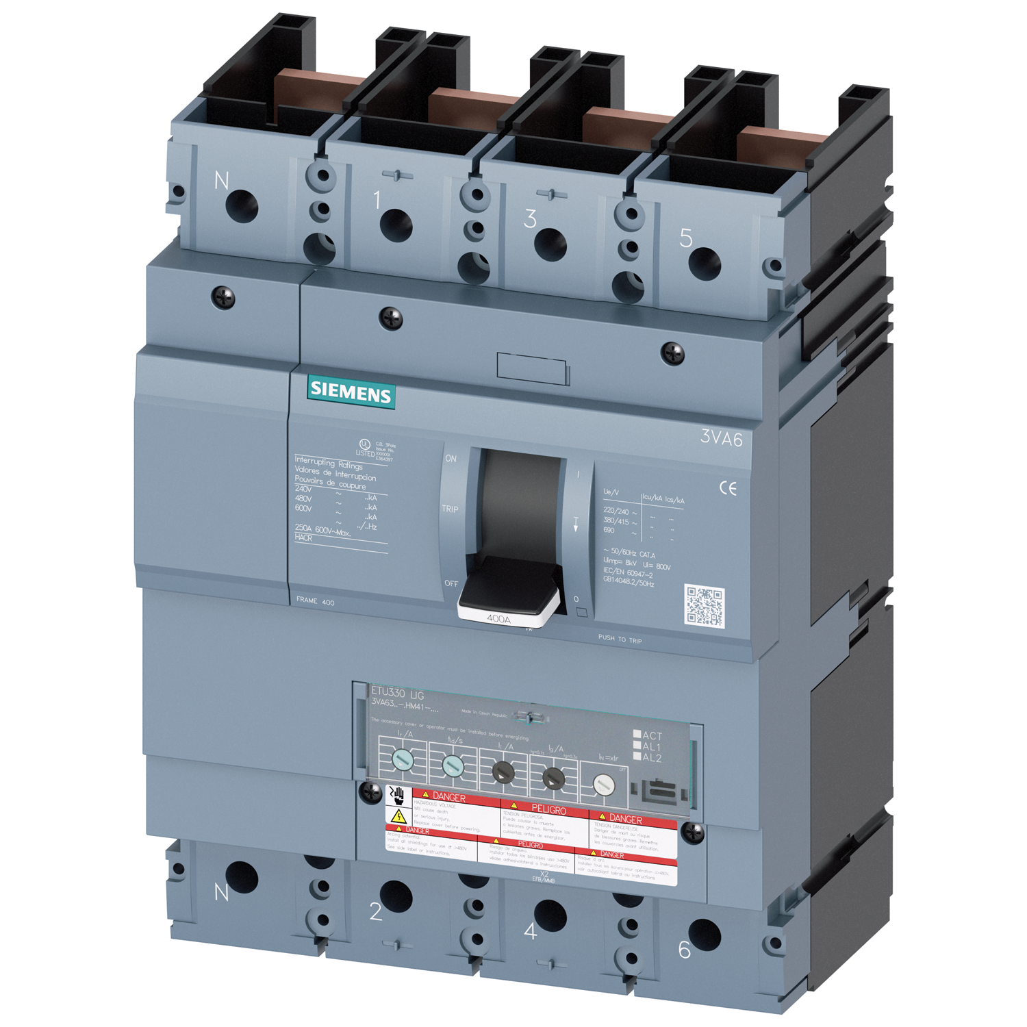 SIEMENS LOW VOLTAGE 3VA UL MOLDED CASE CIRCUIT BREAKER WITH ELECTRONIC TRIP UNIT. 3VA63 FRAME WITH HIGH (CLASS H) BREAKING CAPACITY. 400A 4-POLE (22KAIC AT 600V) (65KAIC AT 480V). ETU330 TRIP UNIT LIG. SPECIAL FEATURES WITHOUT LUGS. DIMENSIONS (W x H x D) IN 7.2 x 9.8 x 5.4.