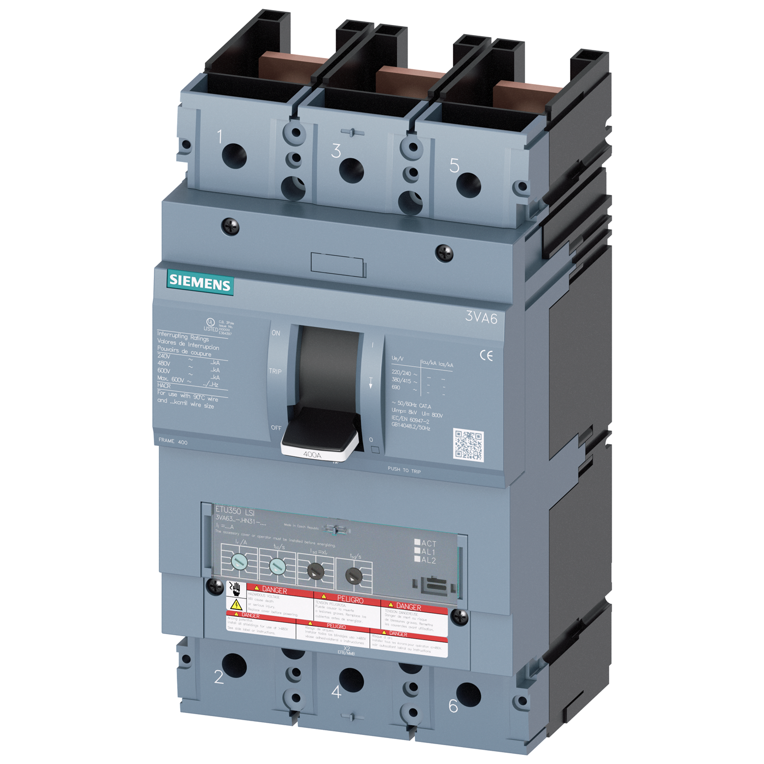 SIEMENS LOW VOLTAGE 3VA UL MOLDED CASE CIRCUIT BREAKER WITH ELECTRONIC TRIP UNIT. 3VA63 FRAME WITH EXTREMELY HIGH (CLASS L) BREAKING CAPACITY. 250A 3-POLE (50KAIC AT 600V) (150KAIC AT 480V). ETU350 TRIP UNIT LSI. SPECIAL FEATURES WITHOUT LUGS 100 PERCENT RATED. DIMENSIONS (W x H x D) IN 5.4 x 9.8 x 5.4.