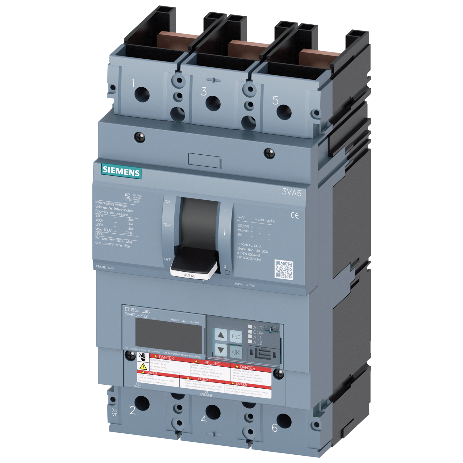 SIEMENS LOW VOLTAGE 3VA UL MOLDED CASE CIRCUIT BREAKER WITH ELECTRONIC TRIP UNIT. 3VA63 FRAME WITH EXTREMELY HIGH (CLASS L) BREAKING CAPACITY. 250A 3-POLE (50KAIC AT 600V) (150KAIC AT 480V). ETU860 TRIP UNIT LCD LSIG WITH METERING. SPECIALFEATURES WITHOUT LUGS 100 PERCENT RATED. DIMENSIONS (W x H x D) IN 5.4 x 9.8 x 5.4.